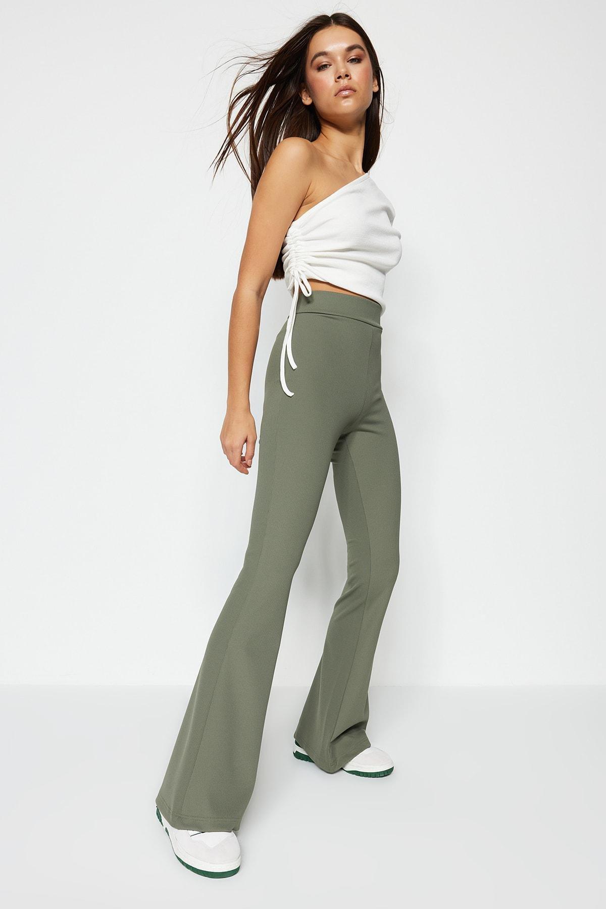 Khaki Cotton Flared Pants, , large image number 0