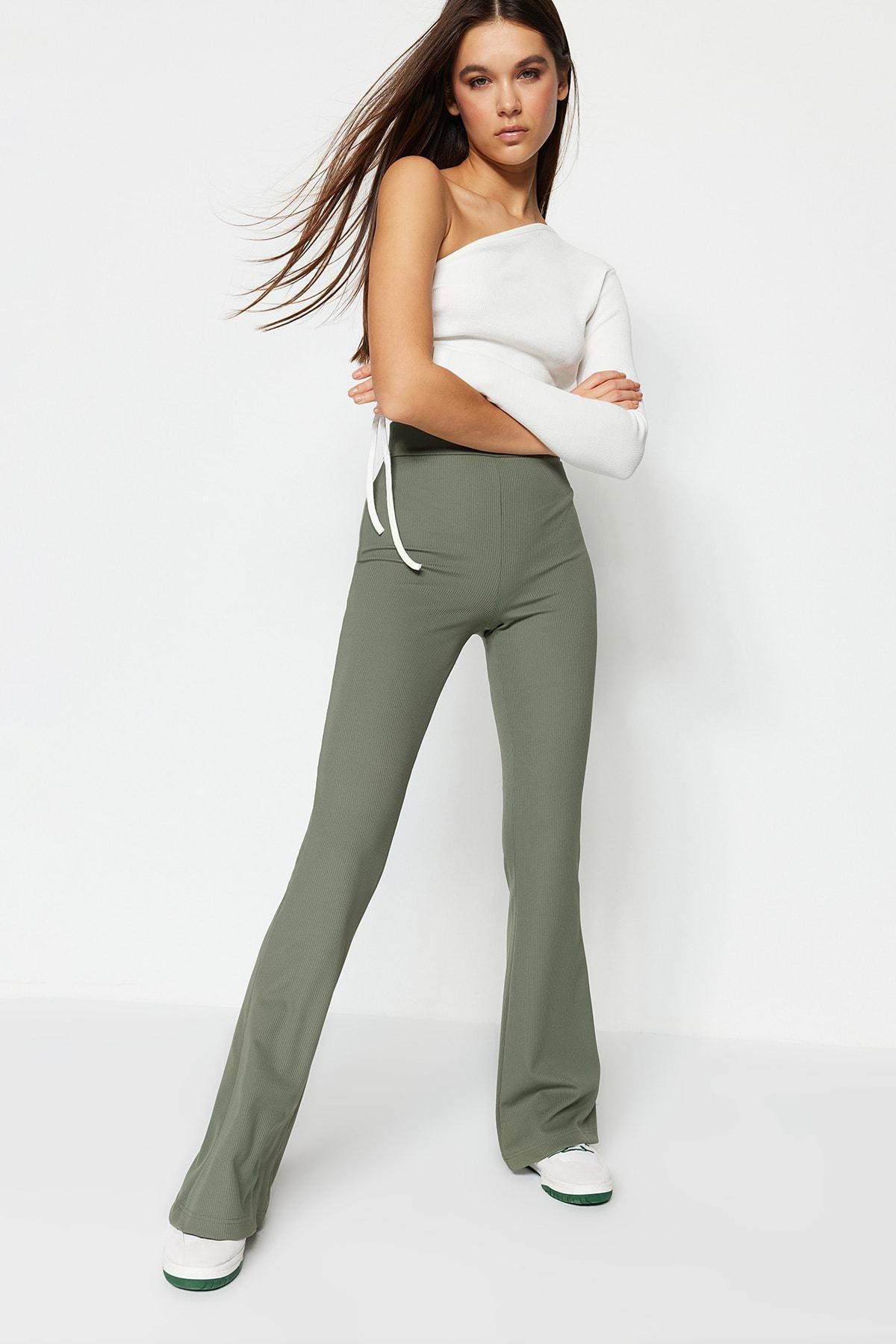 Khaki Cotton Flared Pants, , large image number 1