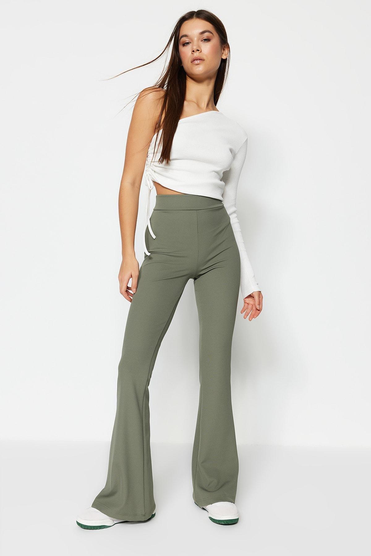 Khaki Cotton Flared Pants, , large image number 2
