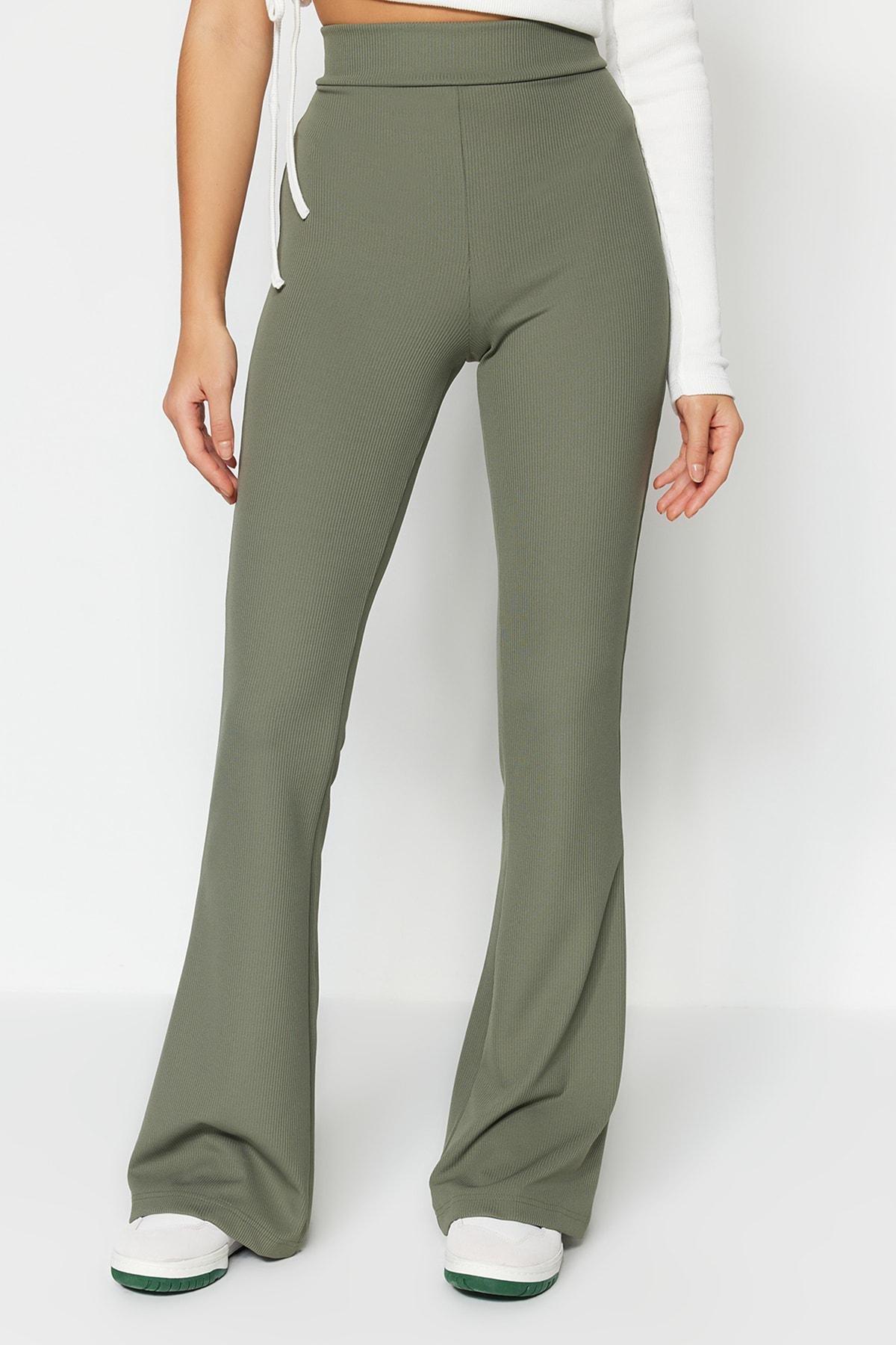 Khaki Cotton Flared Pants, , large image number 3