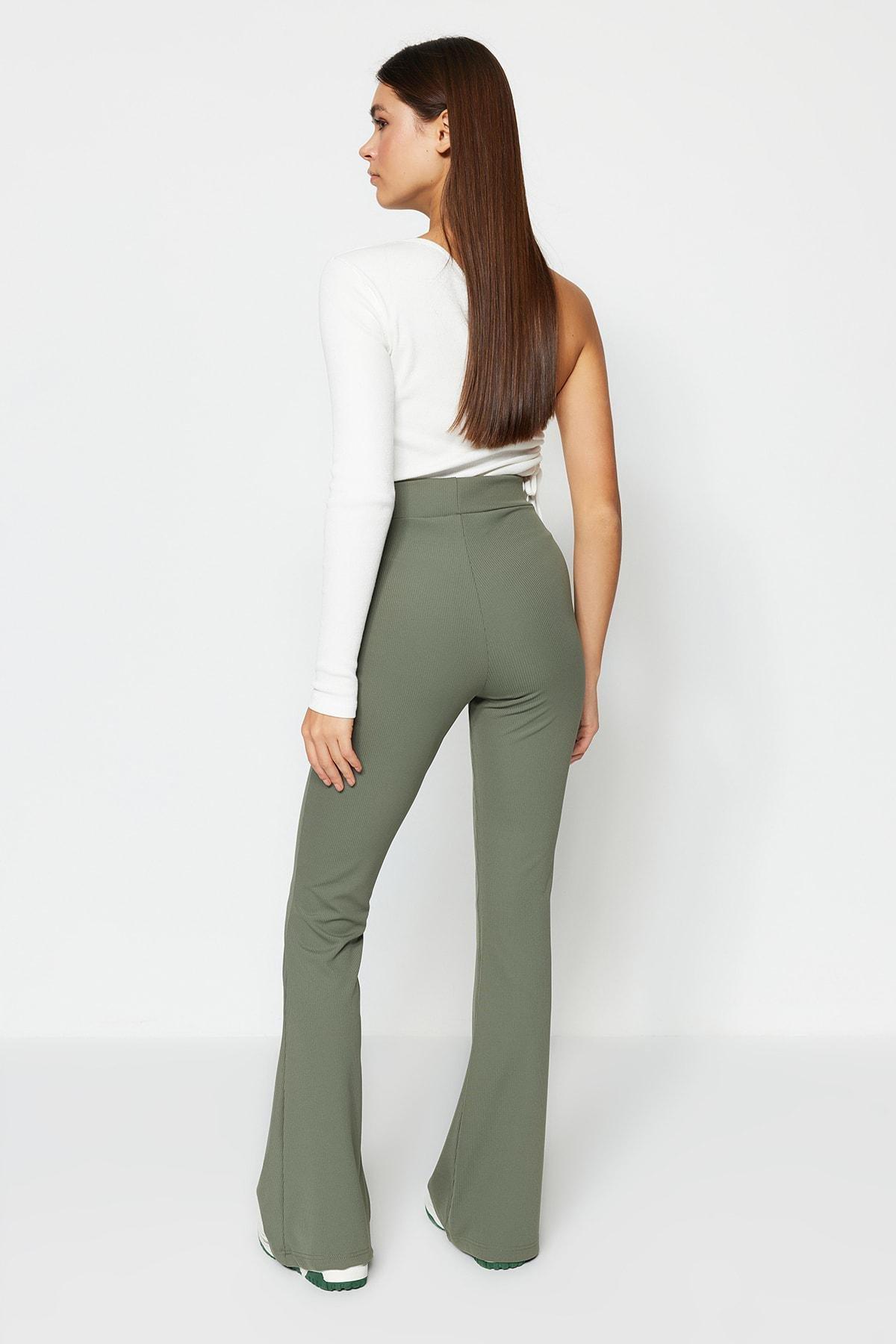 Khaki Cotton Flared Pants, , large image number 4