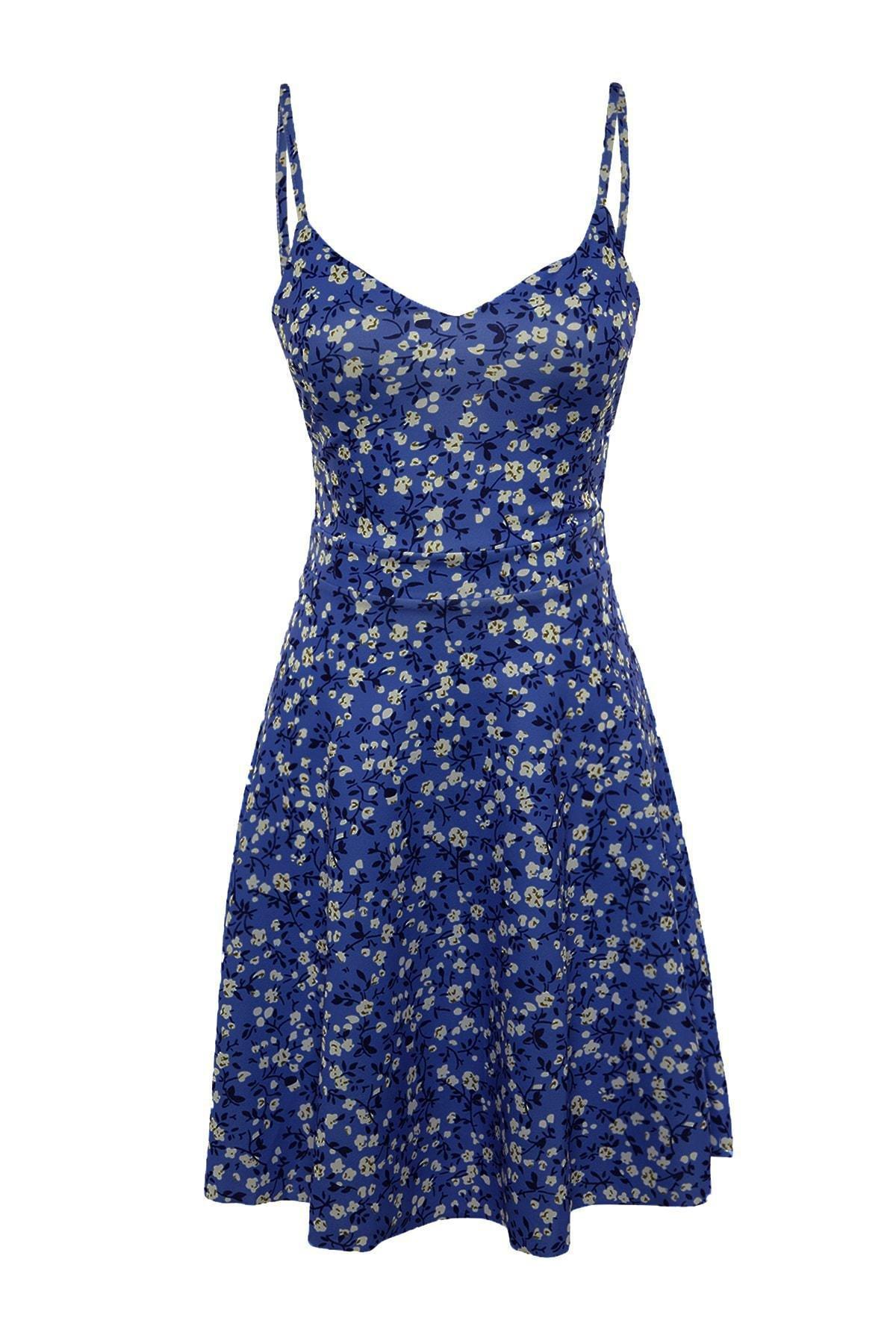 Blue Floral A Line V Neck Dress, , large image number 3