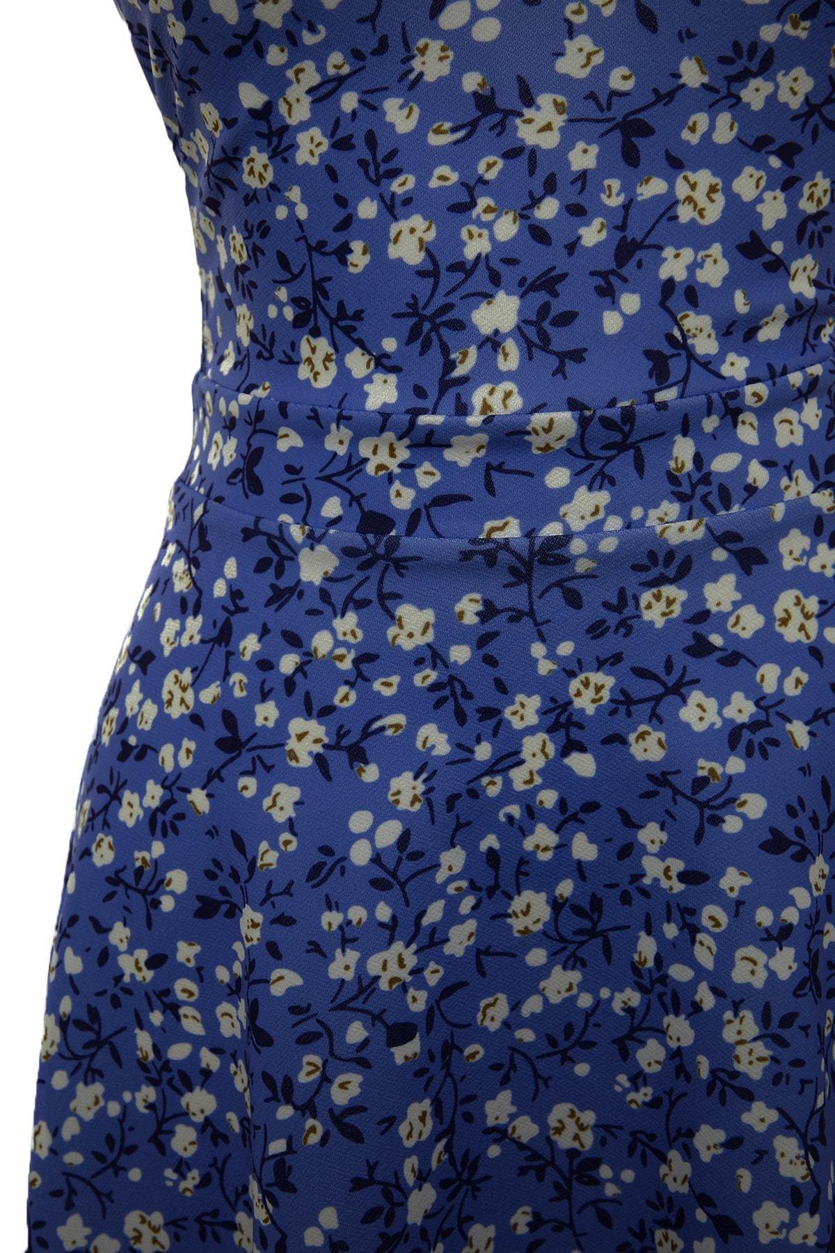Blue Floral A Line V Neck Dress, , large image number 4