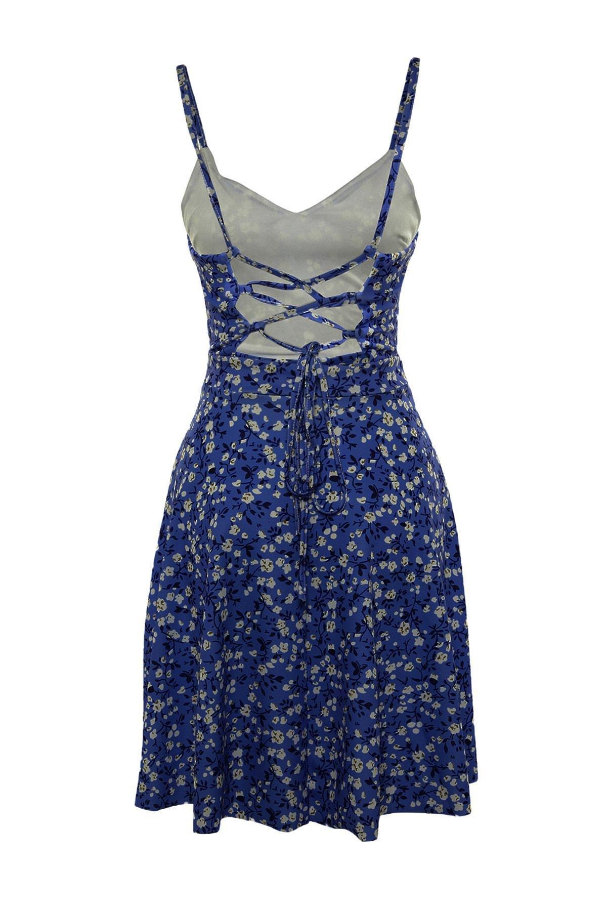 Blue Floral A Line V Neck Dress, , large image number 5
