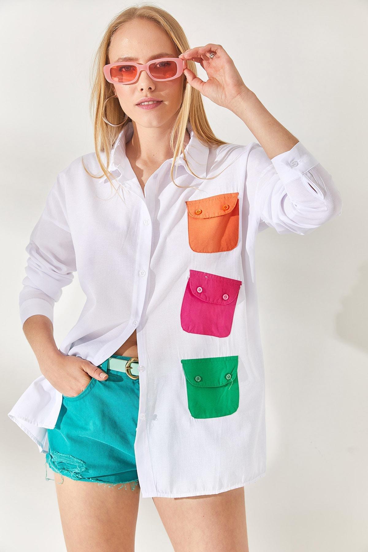 White Pocket Detailed Oversized Woven Shirt, White Fuchsia, large image number 0