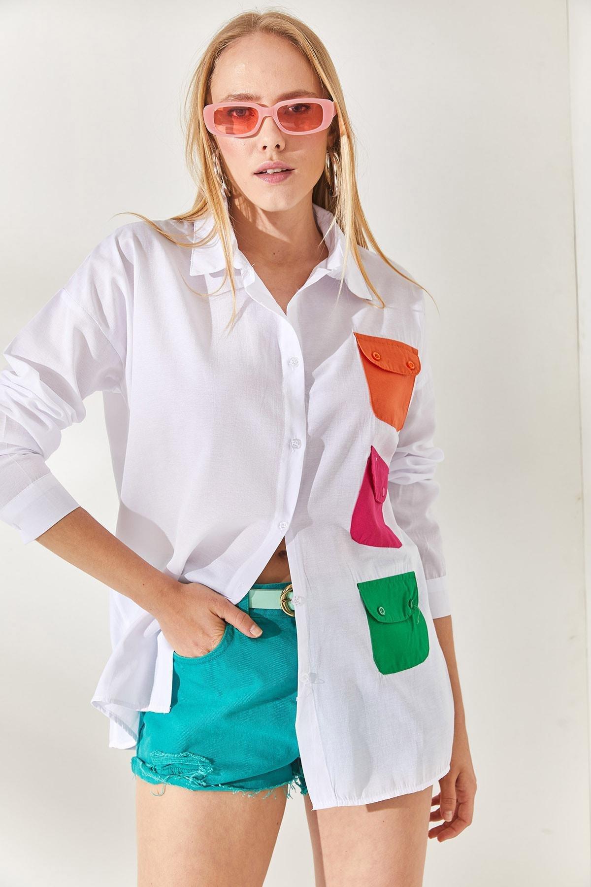 White Pocket Detailed Oversized Woven Shirt, White Fuchsia, large image number 1
