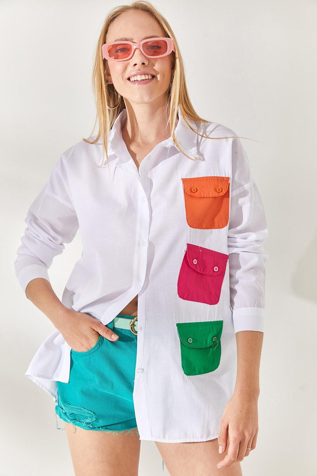 White Pocket Detailed Oversized Woven Shirt, White Fuchsia, large image number 2