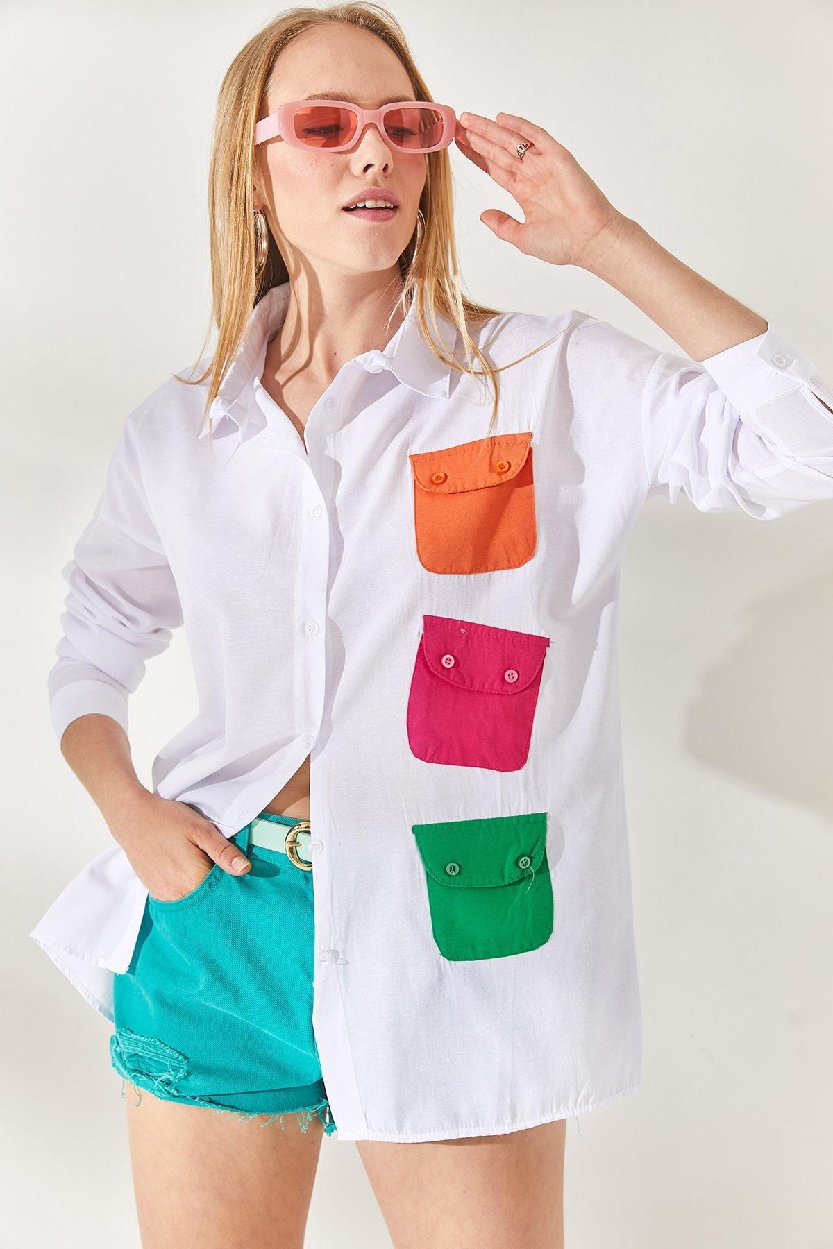 White Pocket Detailed Oversized Woven Shirt, White Fuchsia, large image number 3