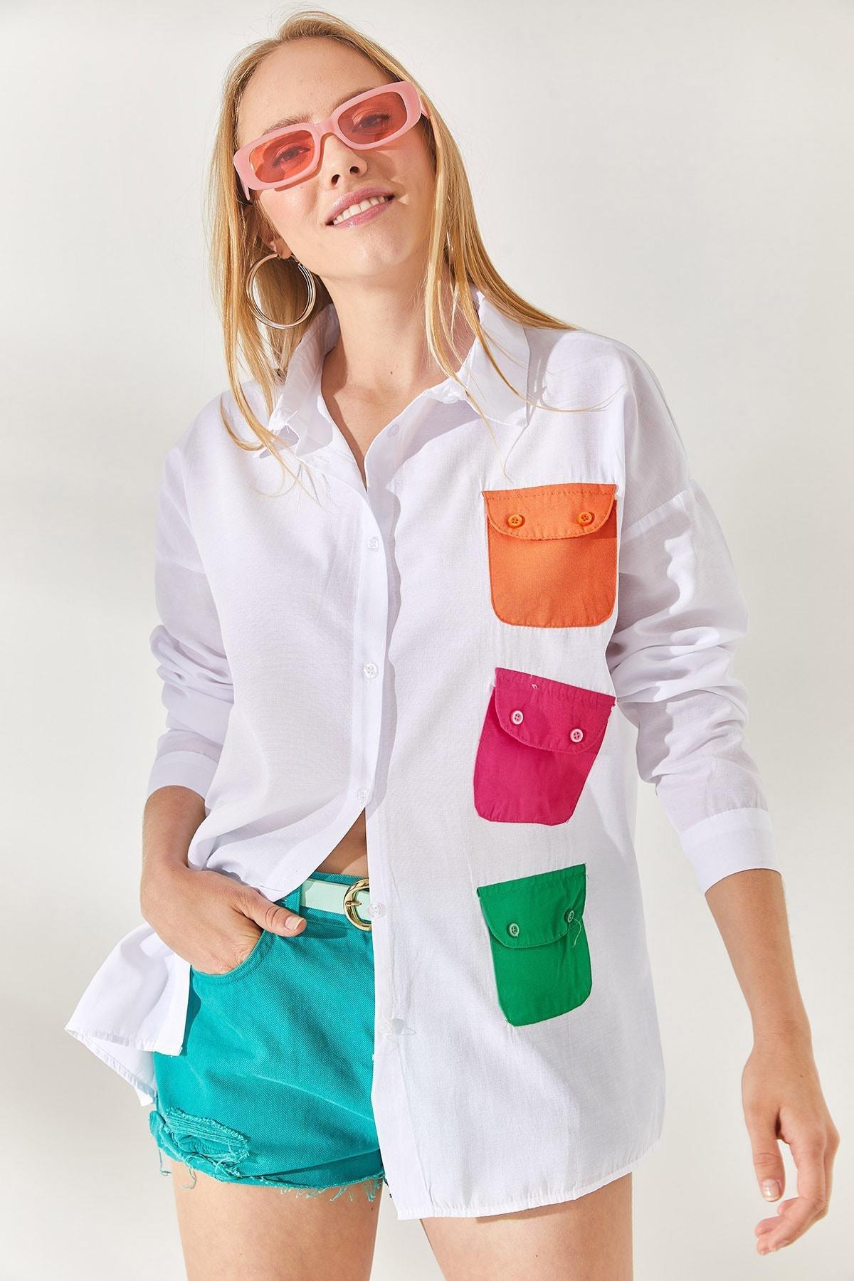 White Pocket Detailed Oversized Woven Shirt, White Fuchsia, large image number 4