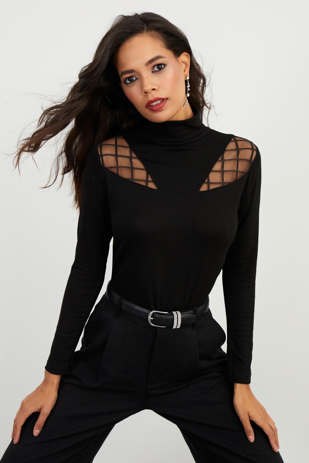 Black Fitted Turtleneck Blouse, , large image number 0