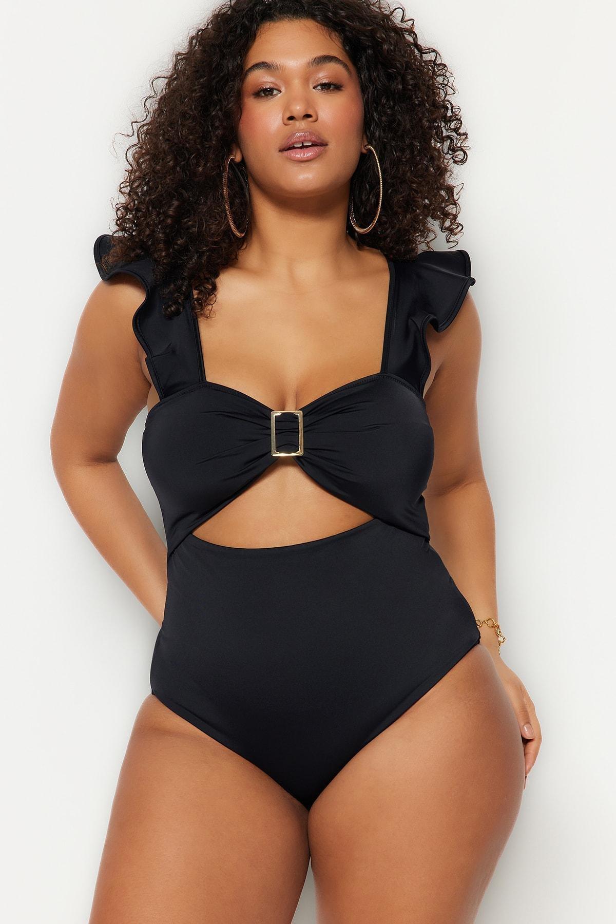 Black Plain Plus Size Swimsuit, , large image number 0