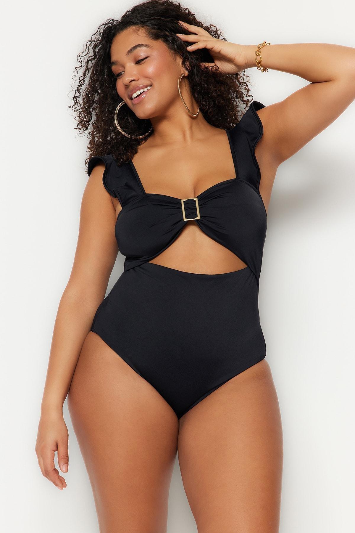 Black Plain Plus Size Swimsuit, , large image number 1