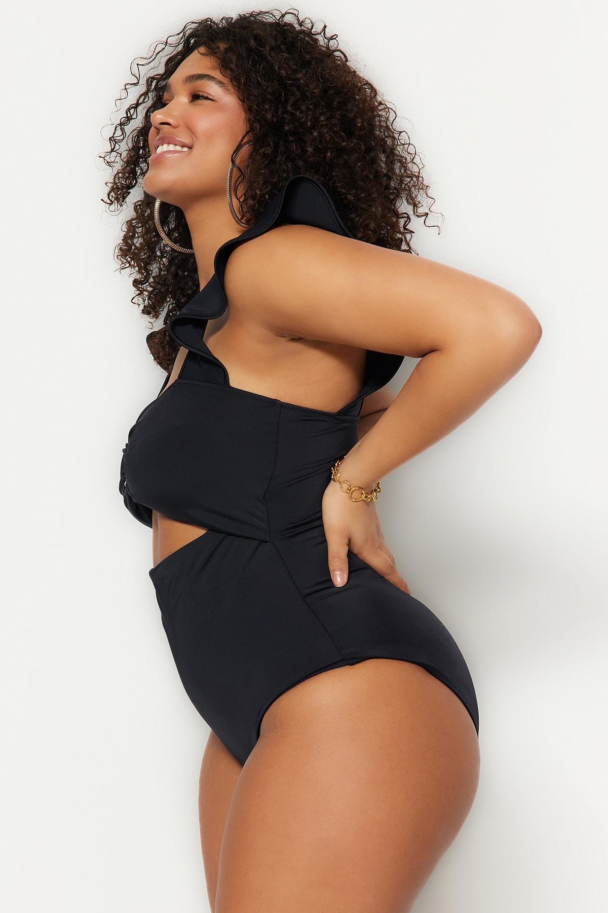 Black Plain Plus Size Swimsuit, , large image number 2