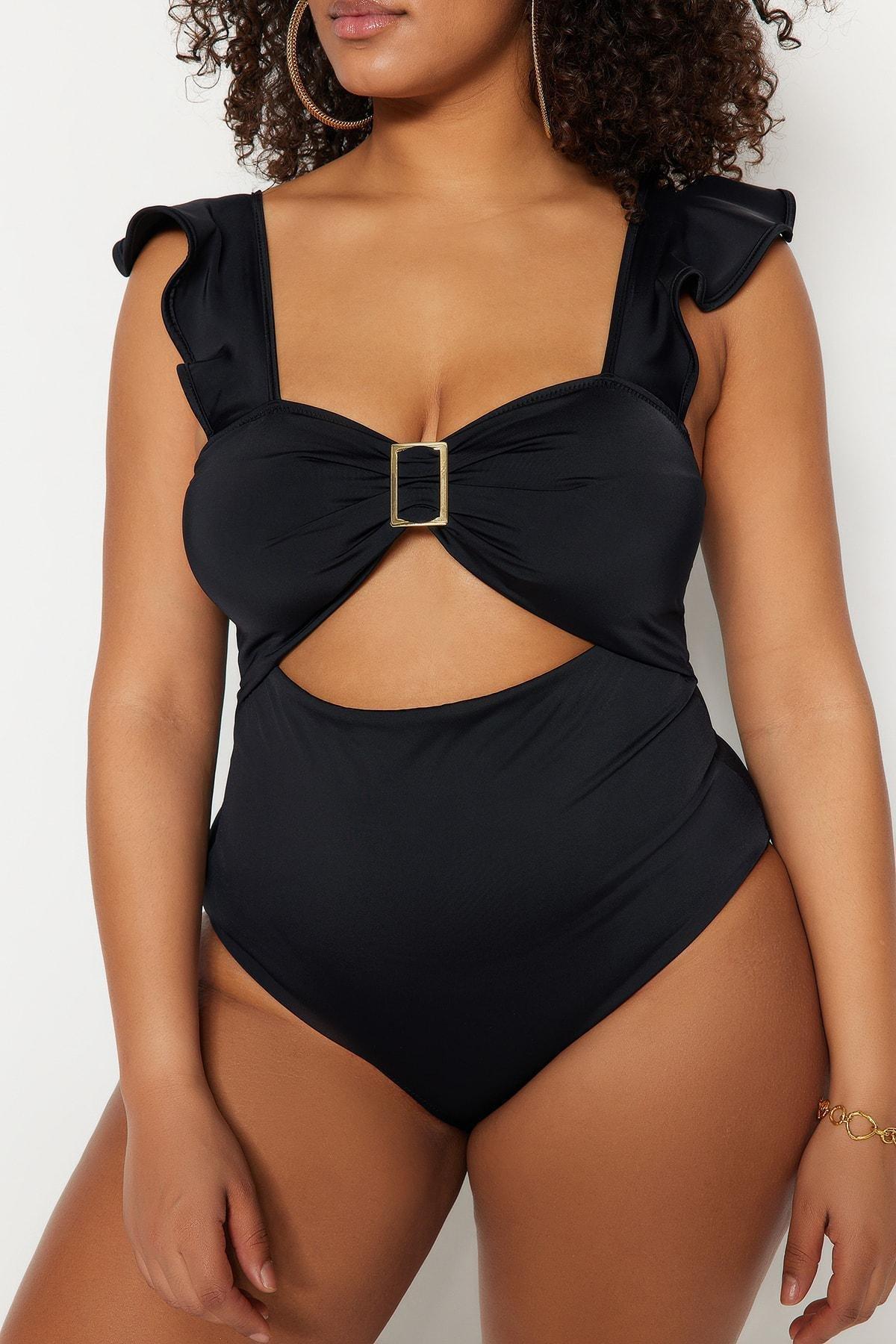 Black Plain Plus Size Swimsuit, , large image number 3