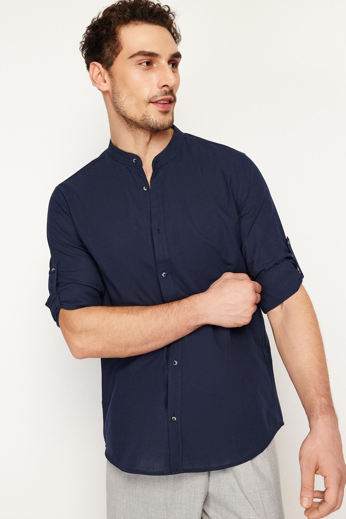 Navy Slim Epaulette Cotton Shirt, , large image number 0