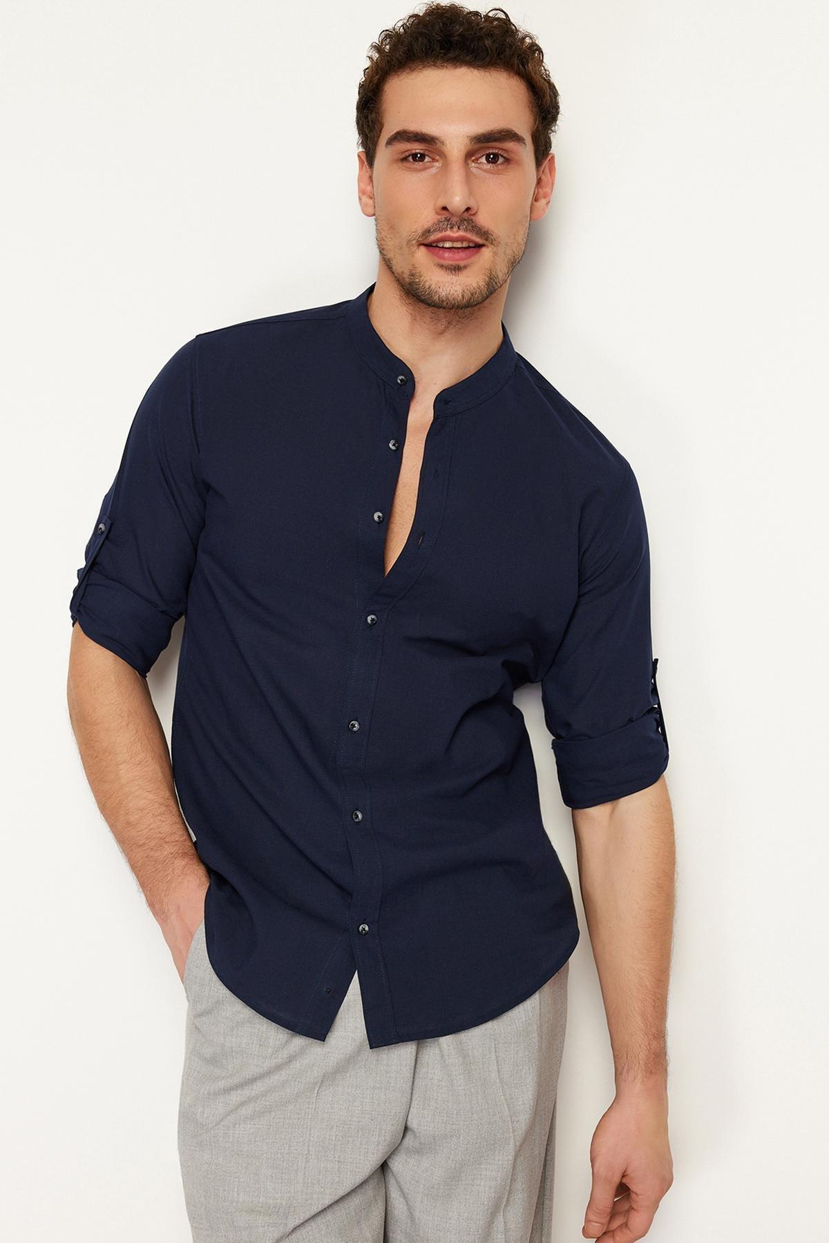 Navy Slim Epaulette Cotton Shirt, , large image number 1