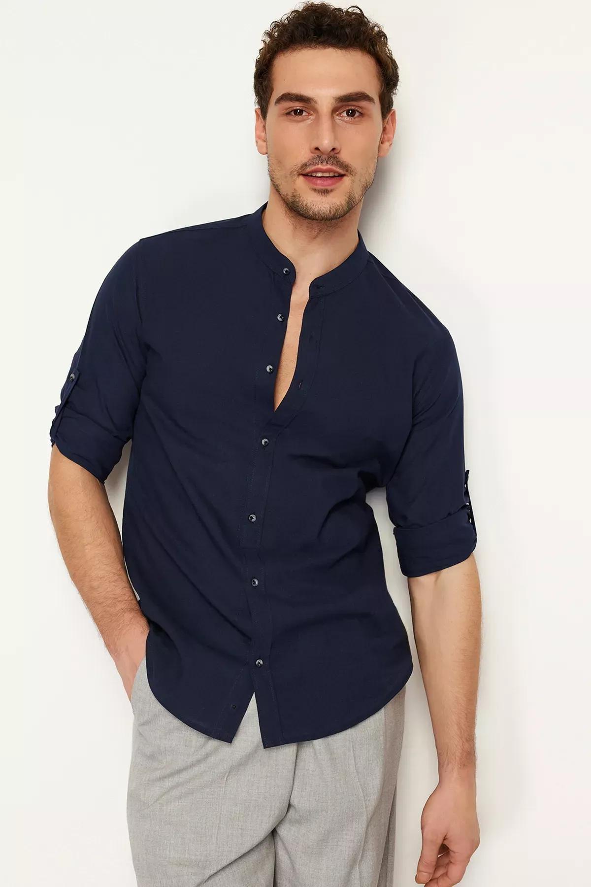 Navy Slim Epaulette Cotton Shirt, C101_1628, medium