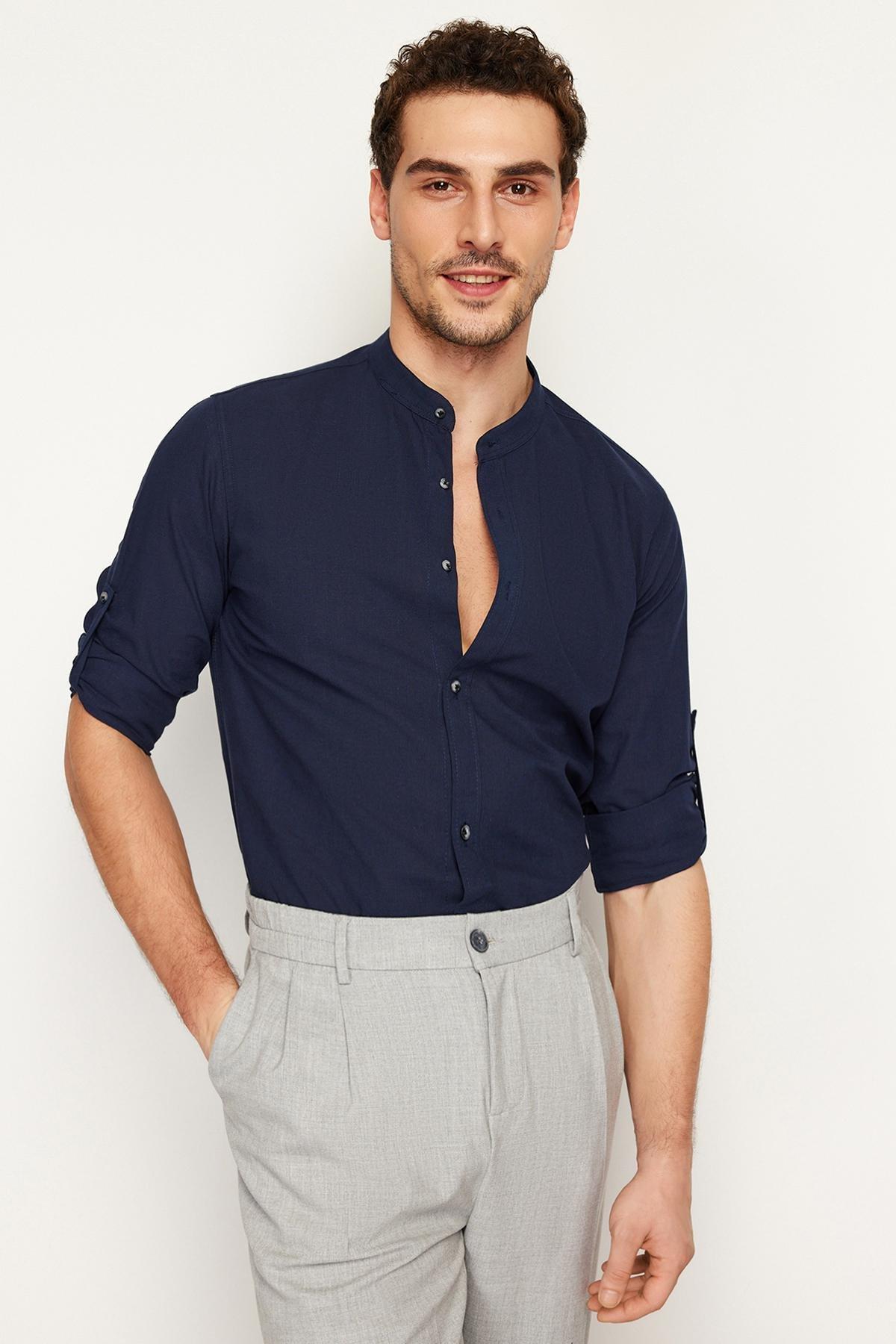 Navy Slim Epaulette Cotton Shirt, , large image number 4