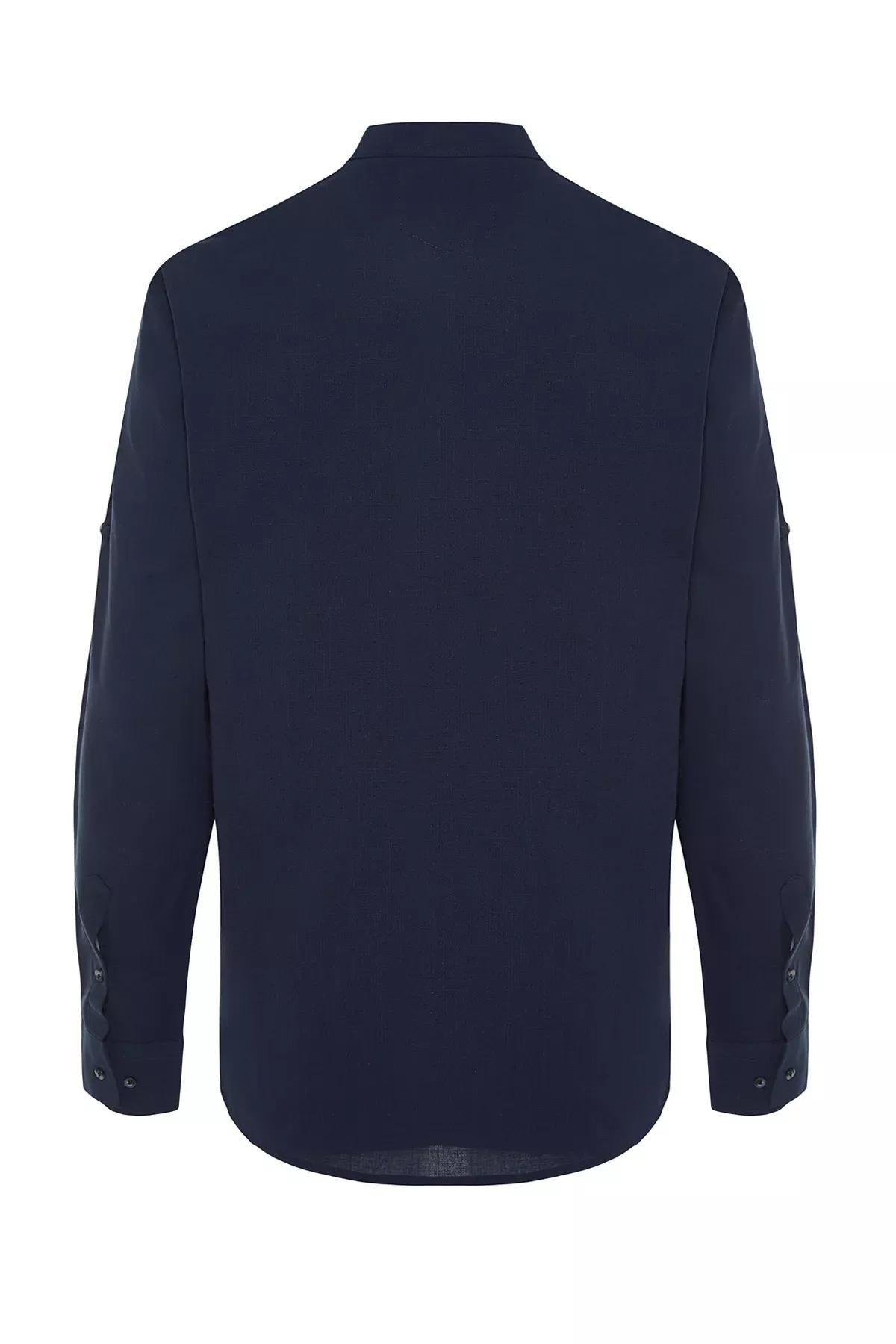 قميص قطن بقصة سليم فت بشريط مع زر تثبيت للأكمام المطوية، كحلي, C101_1628, large image number 5