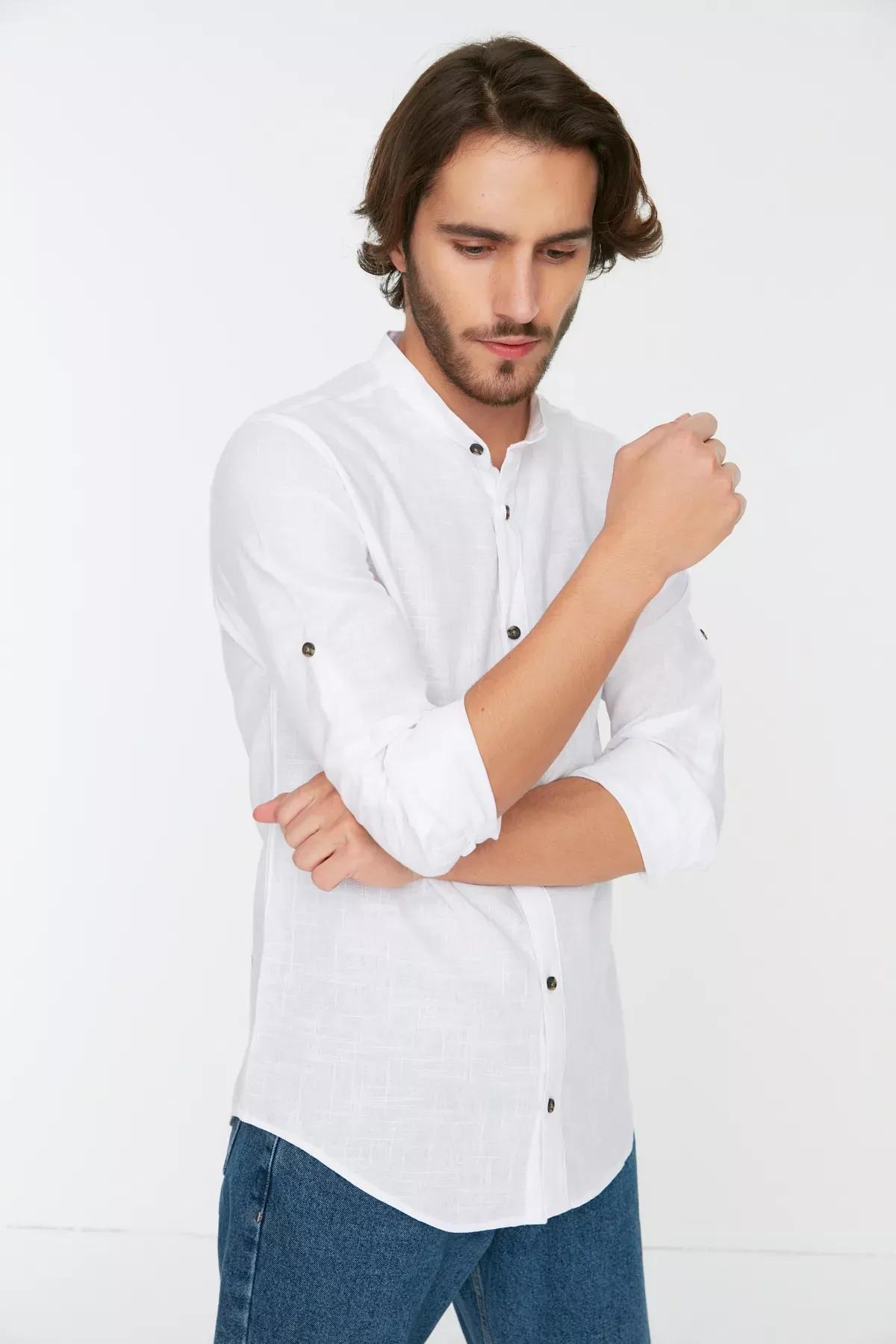 White Slim Mandarin Collar Shirt, White, medium