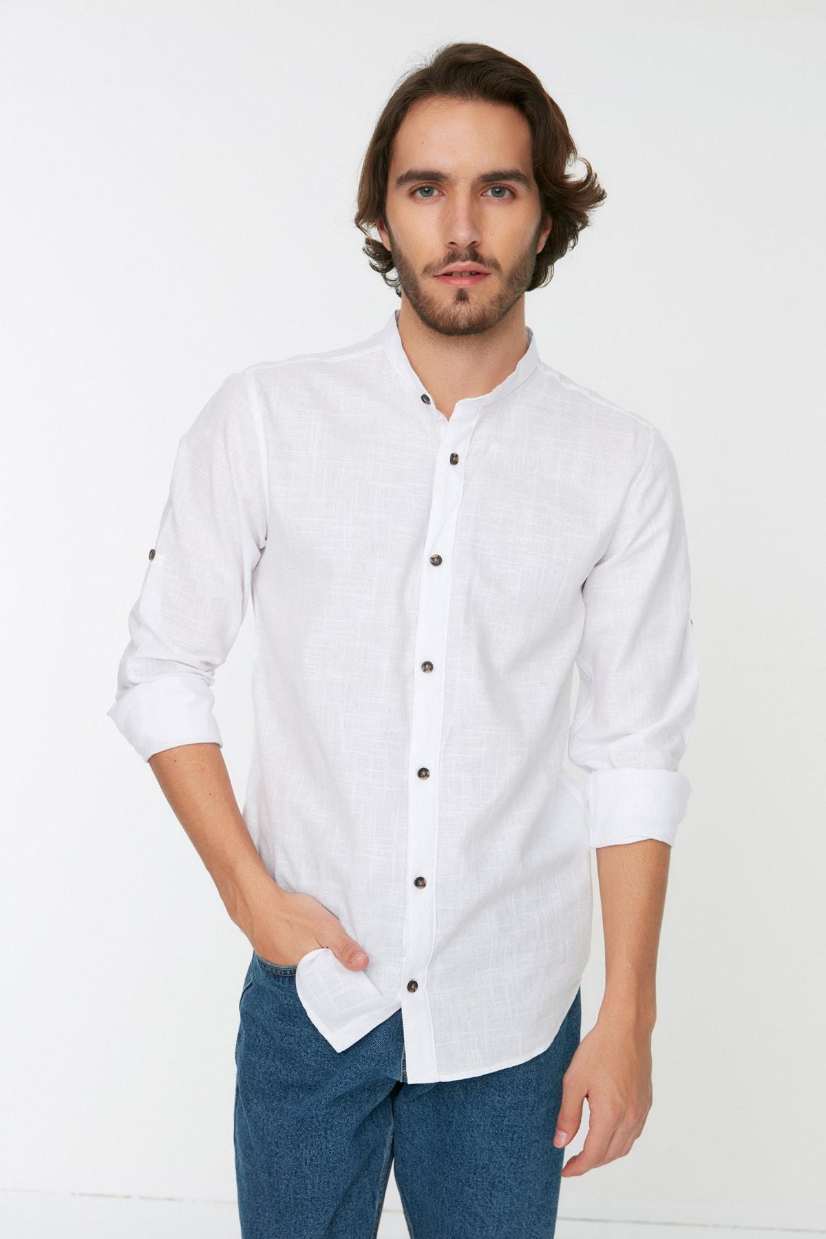 White Slim Mandarin Collar Shirt, , large image number 0