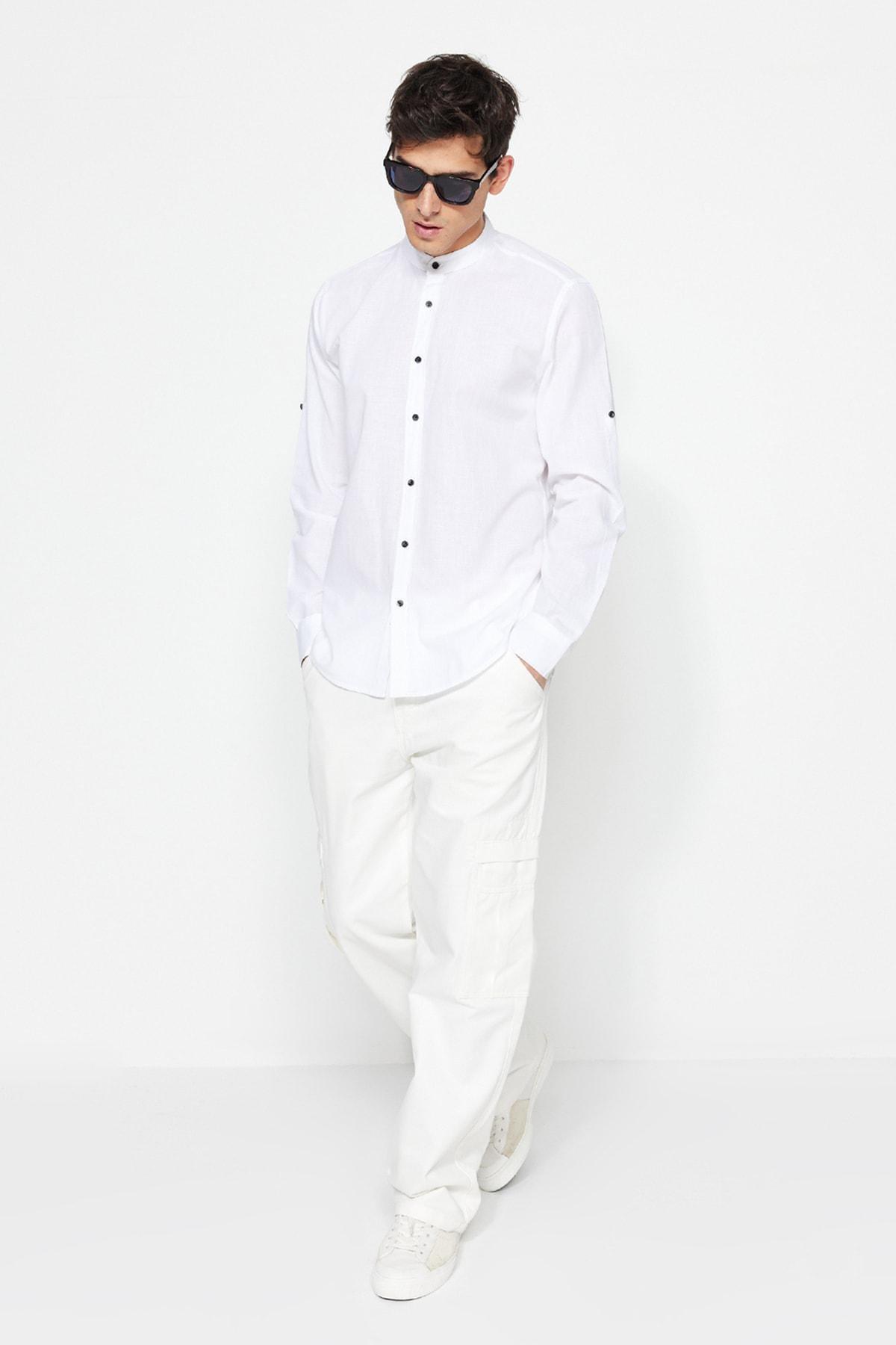 White Slim Mandarin Collar Shirt, White, medium