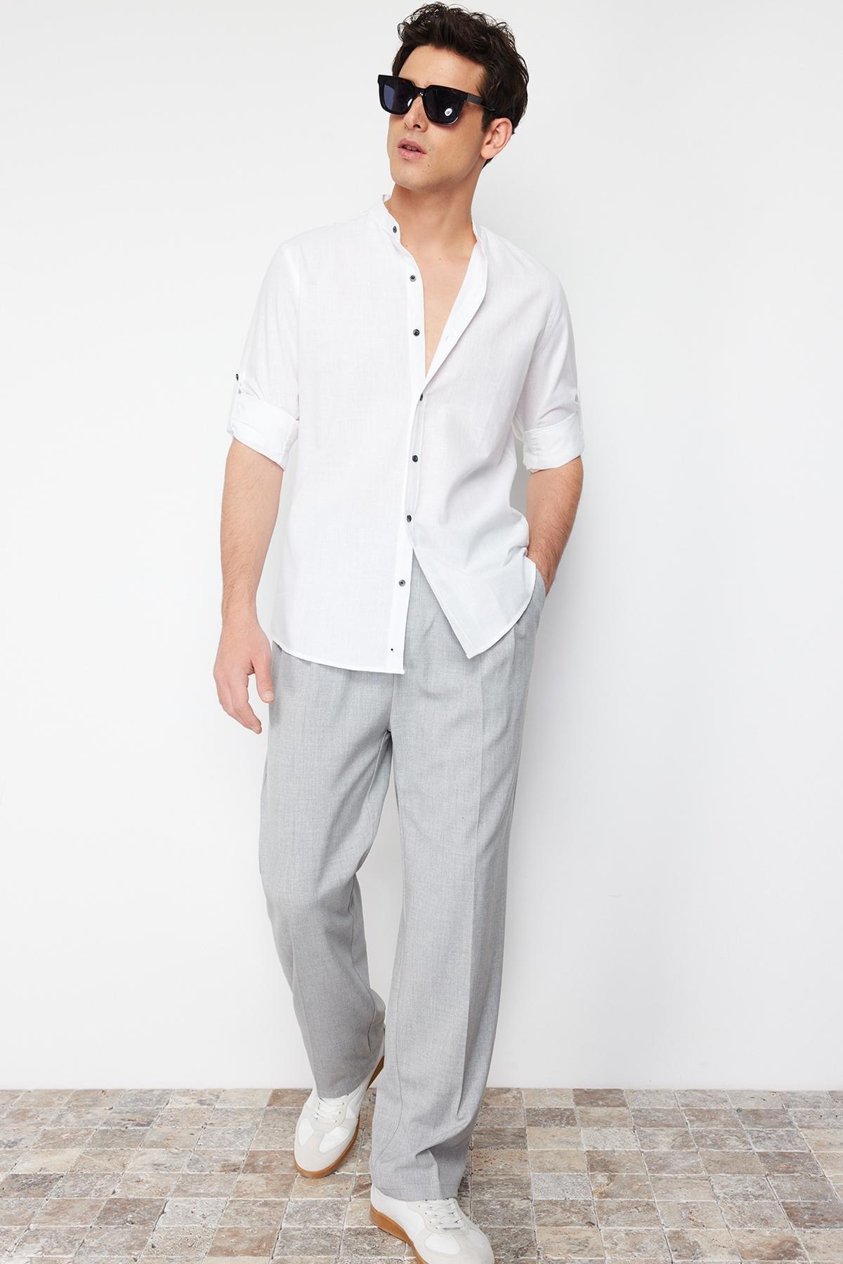 White Slim Mandarin Collar Shirt, , large image number 2