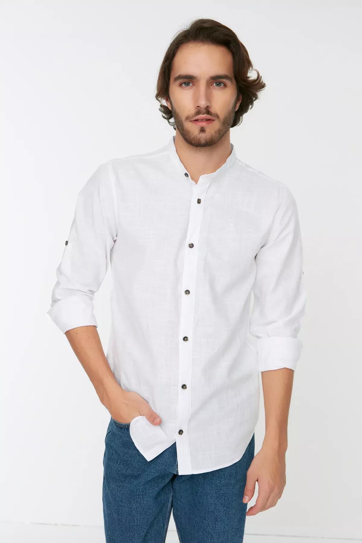 White Slim Mandarin Collar Shirt, White, medium