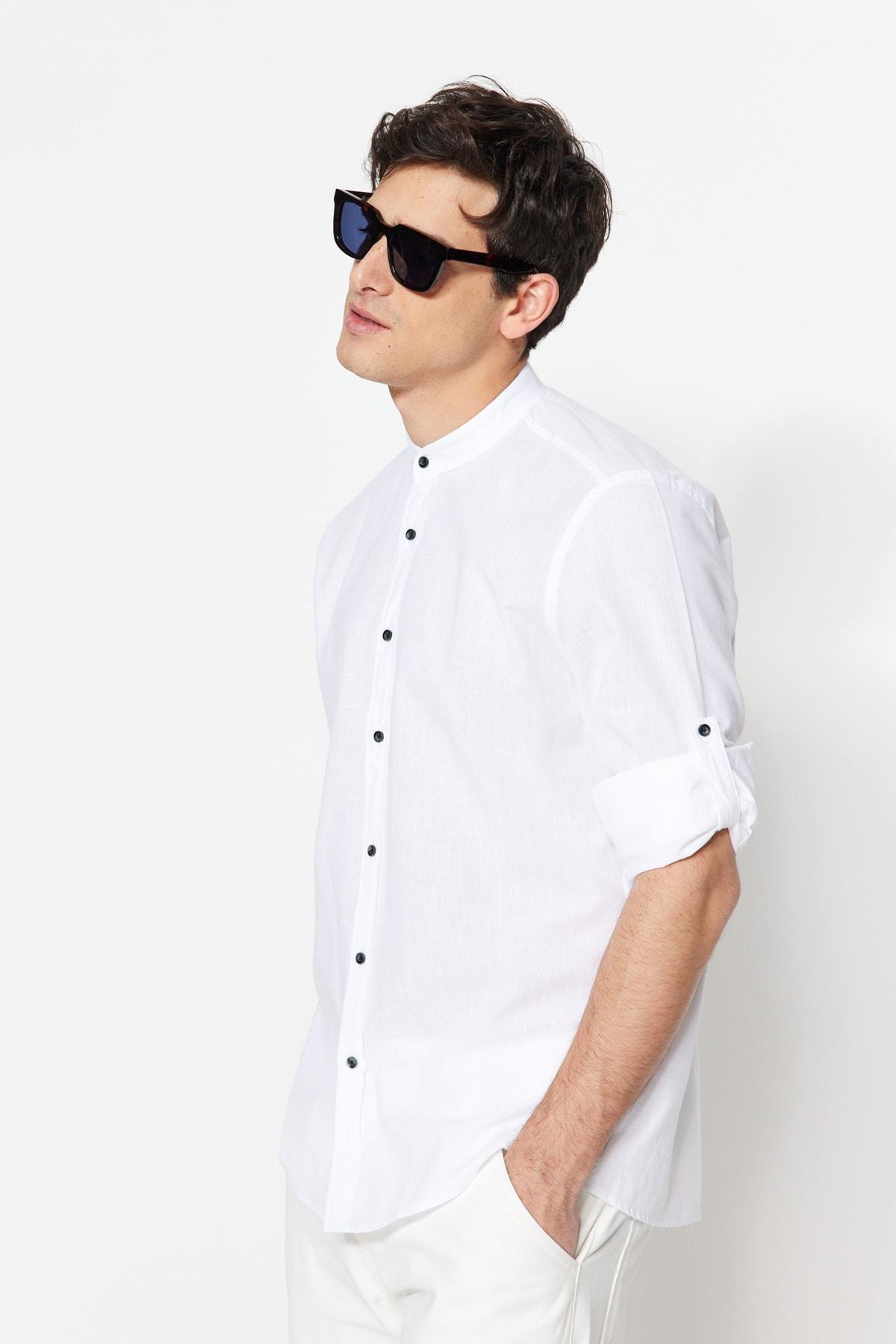 White Slim Mandarin Collar Shirt, , large image number 3