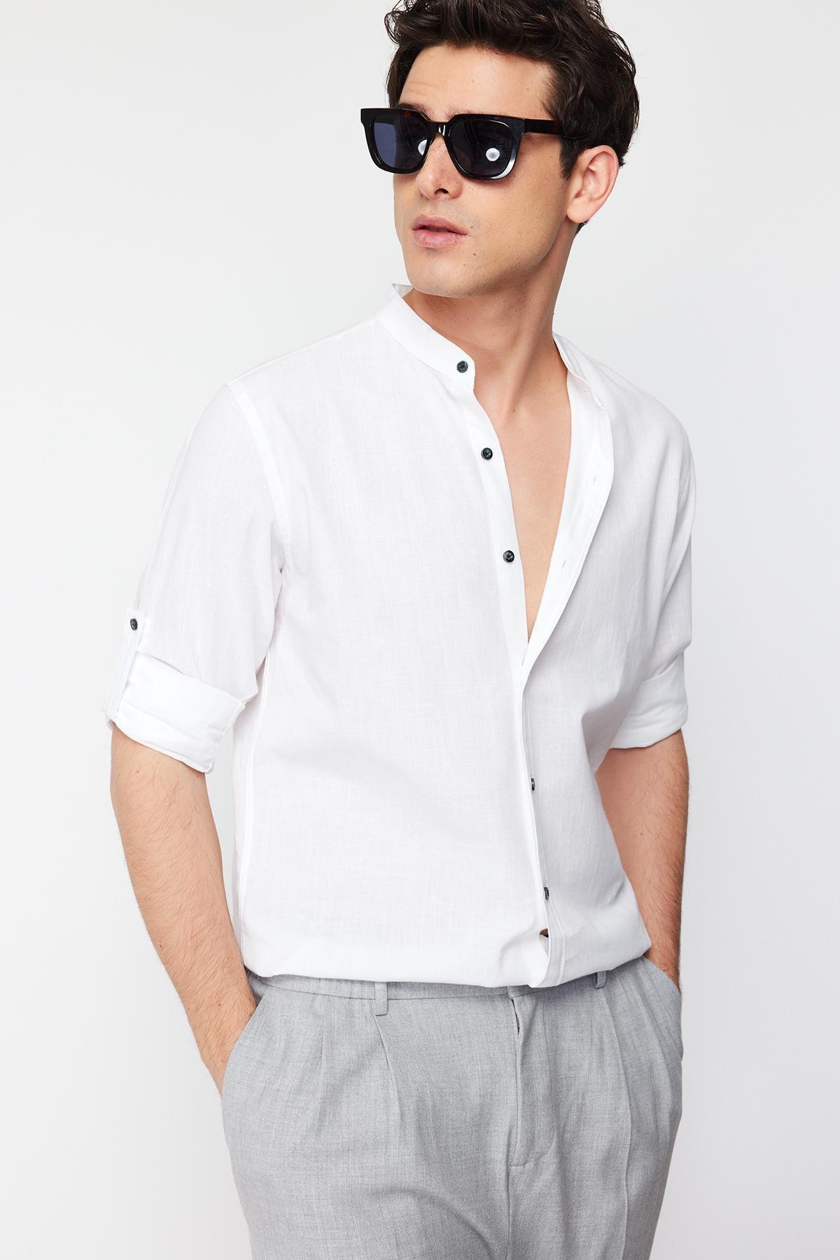 White Slim Mandarin Collar Shirt, , large image number 4