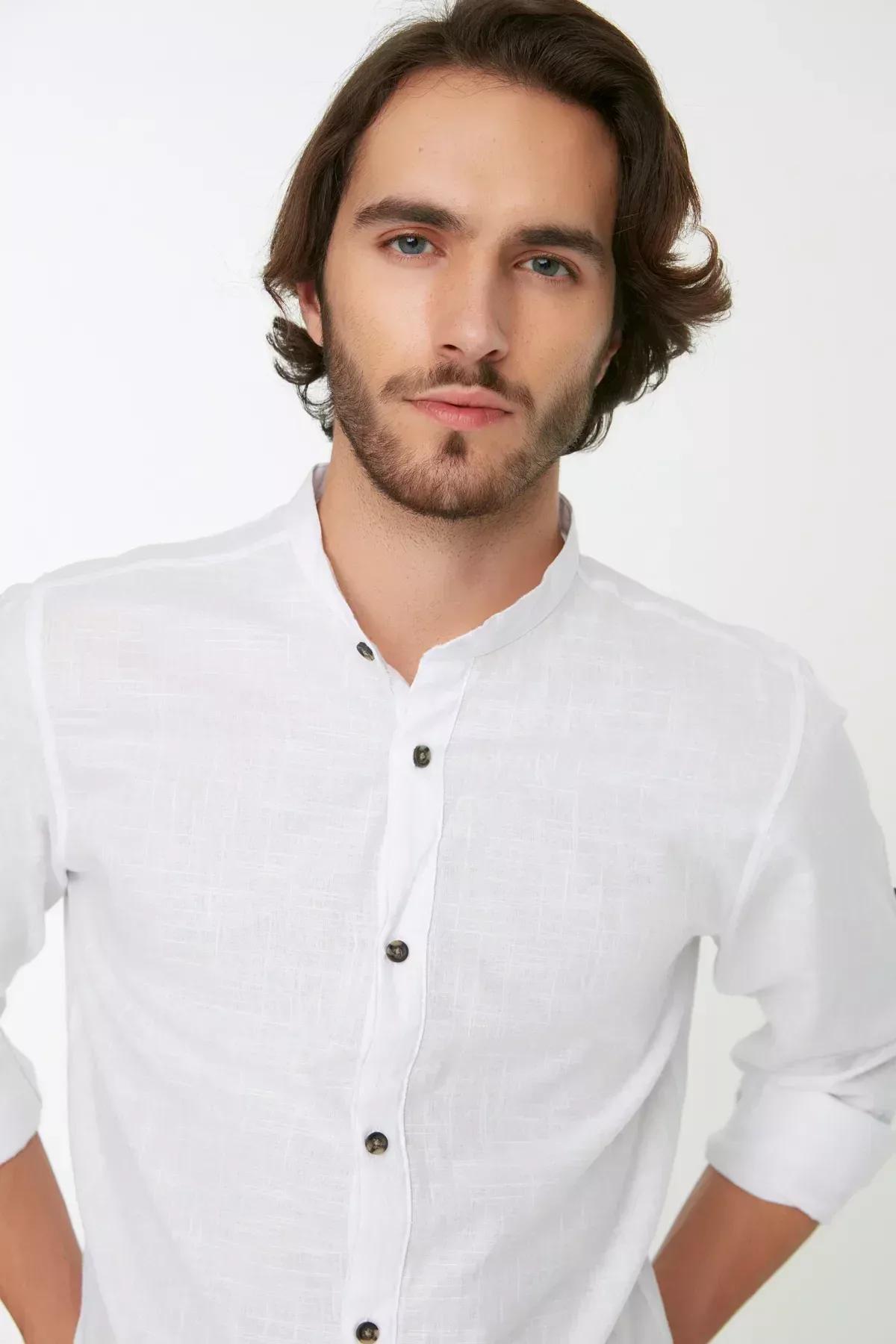 White Slim Mandarin Collar Shirt, White, large image number 4