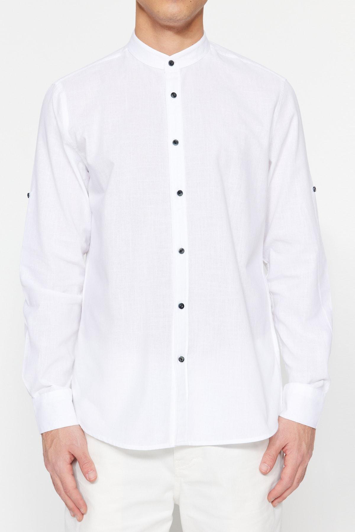 White Slim Mandarin Collar Shirt, , large image number 5
