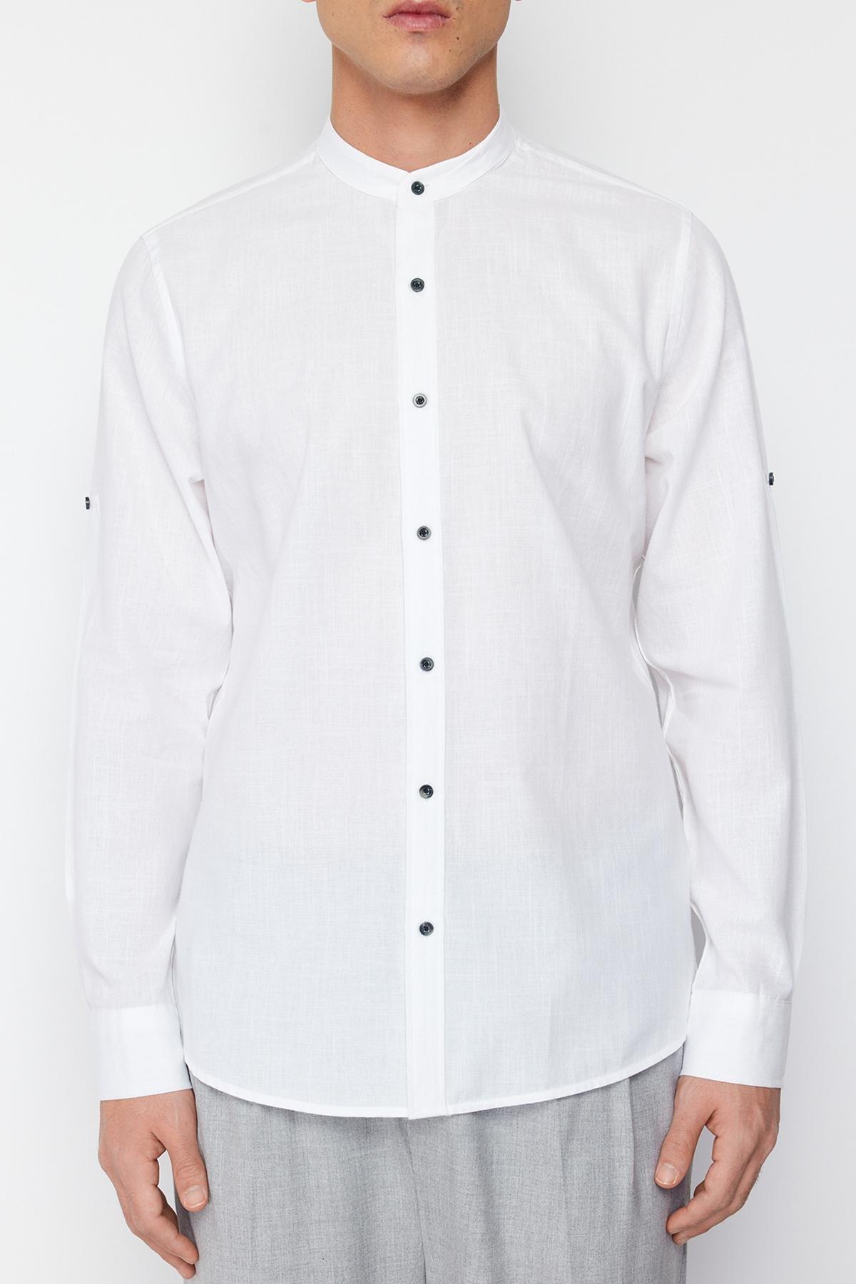 White Slim Mandarin Collar Shirt, , large image number 6