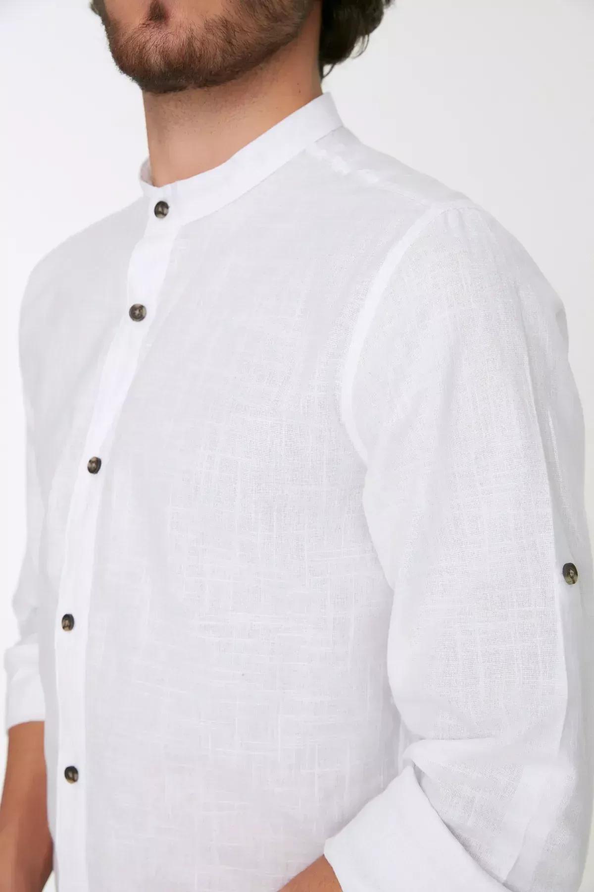 White Slim Mandarin Collar Shirt, White, large image number 6