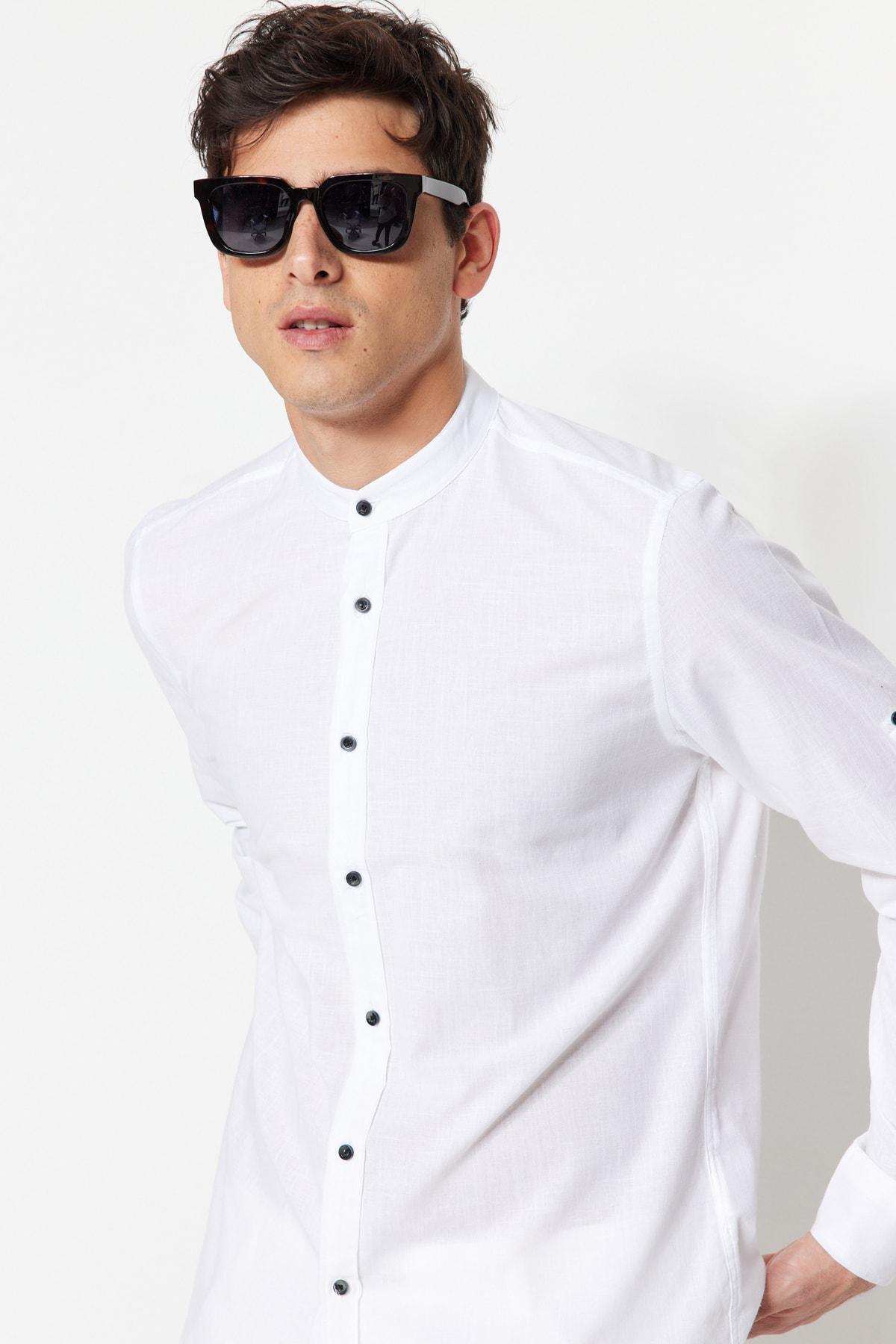 White Slim Mandarin Collar Shirt, , large image number 7