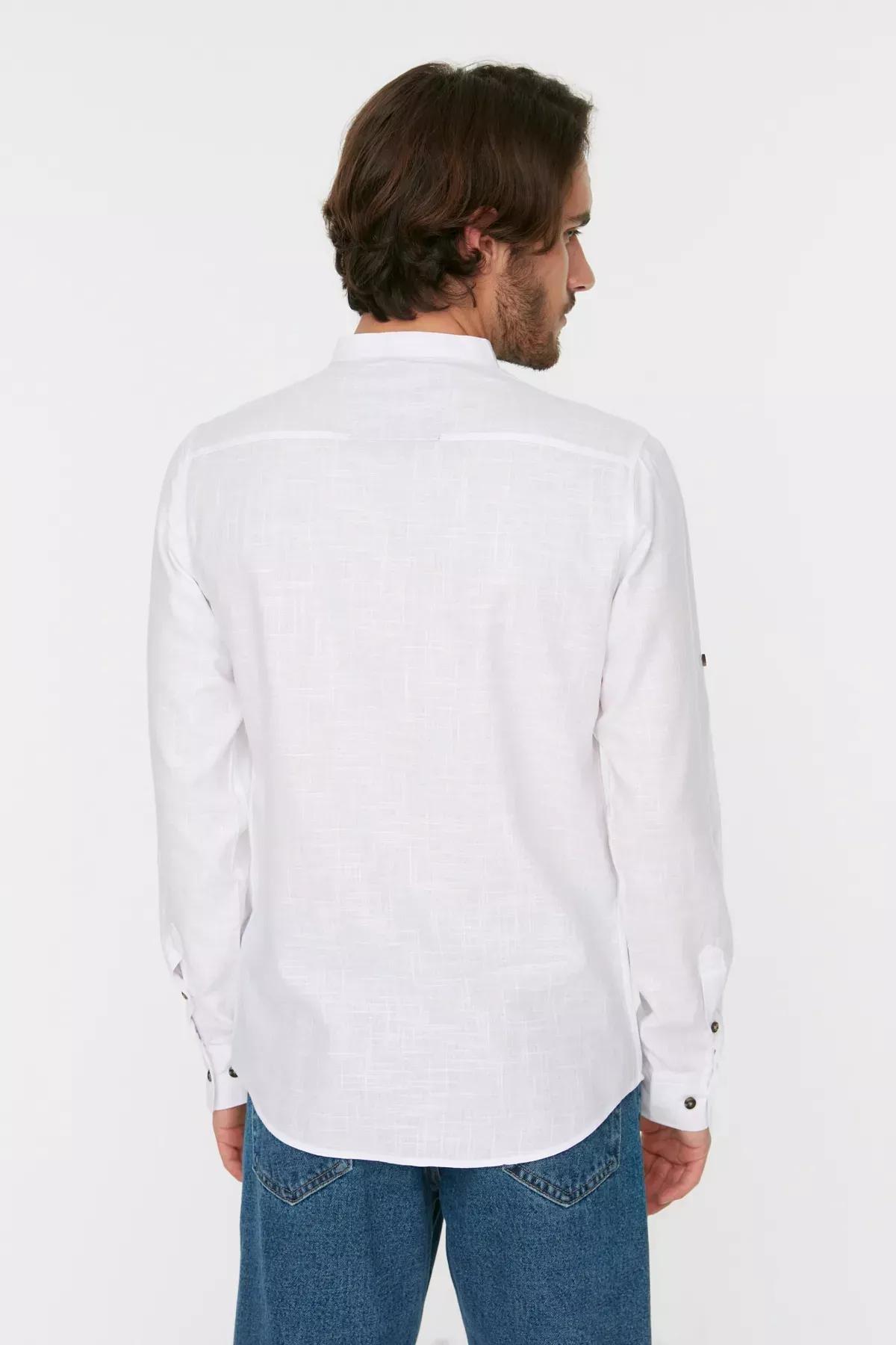 White Slim Mandarin Collar Shirt, White, large image number 8