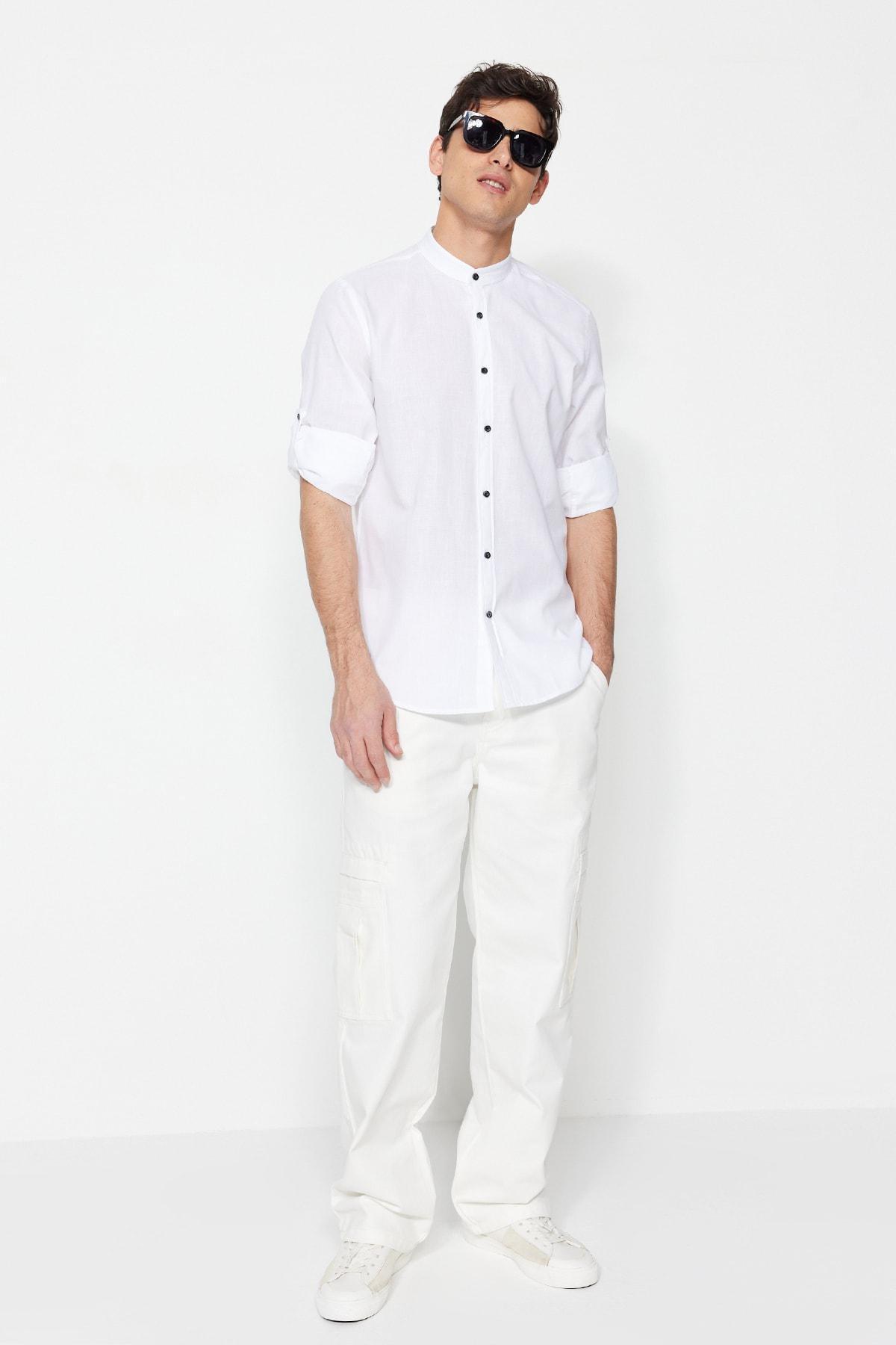 White Slim Mandarin Collar Shirt, , large image number 10