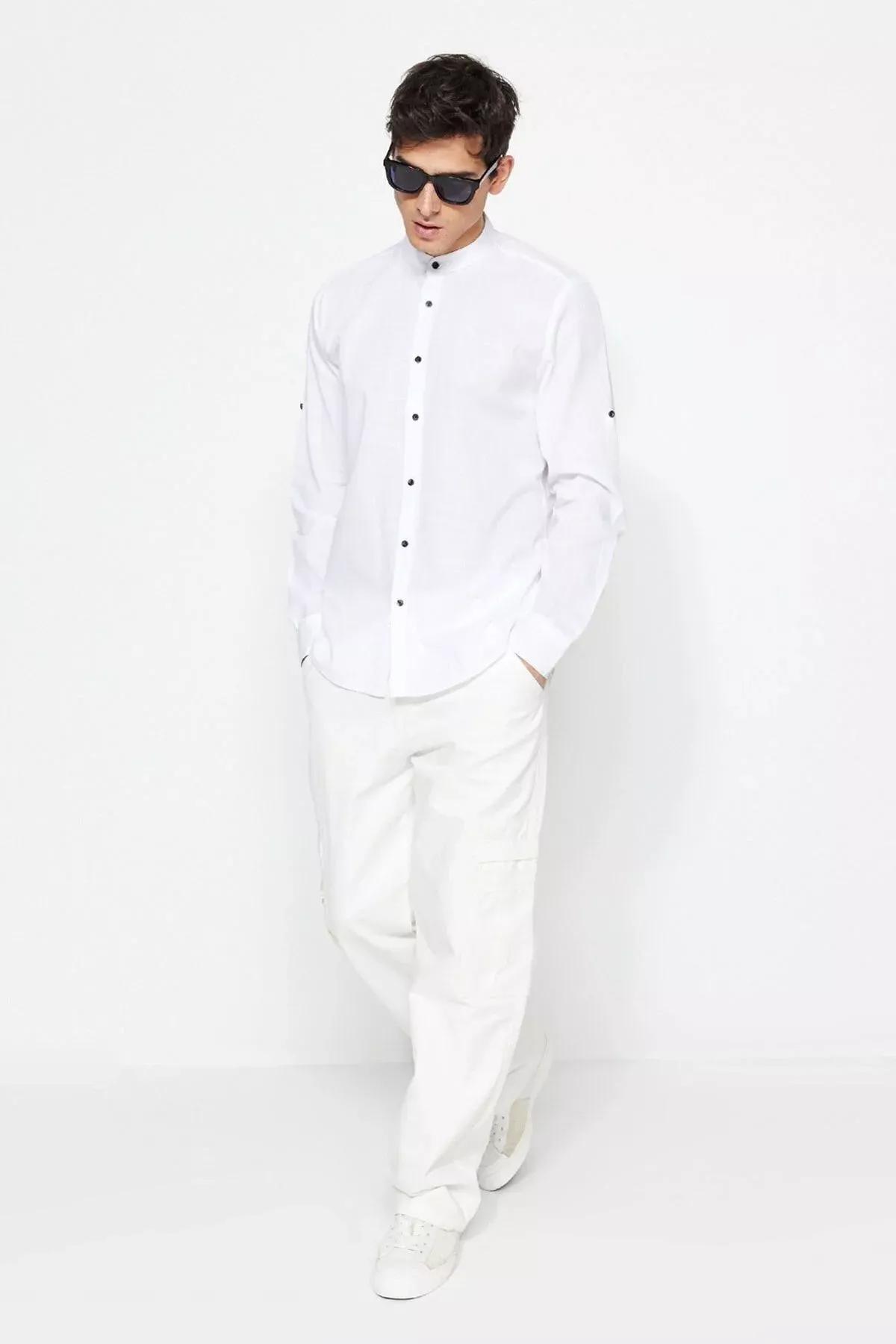 White Slim Mandarin Collar Shirt, White, large image number 10