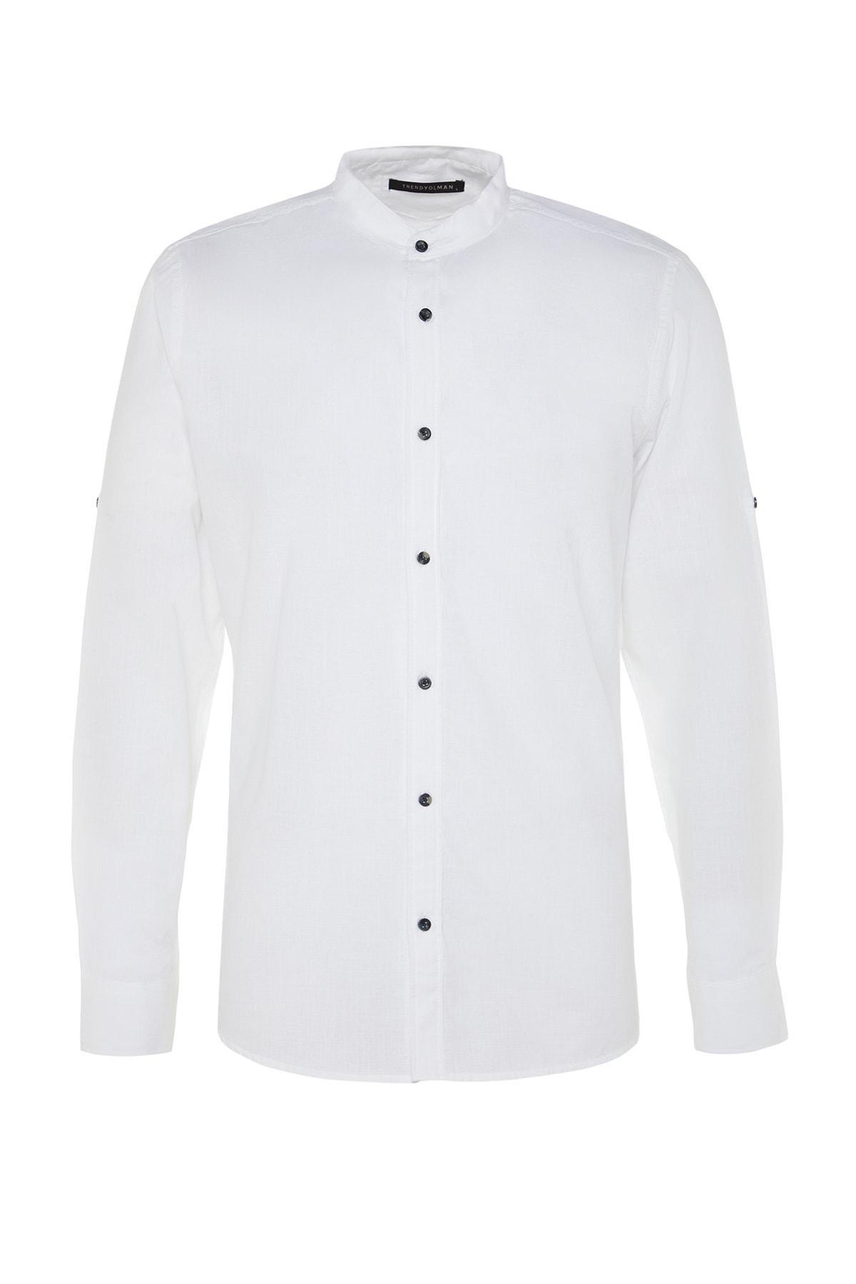 White Slim Mandarin Collar Shirt, , large image number 12