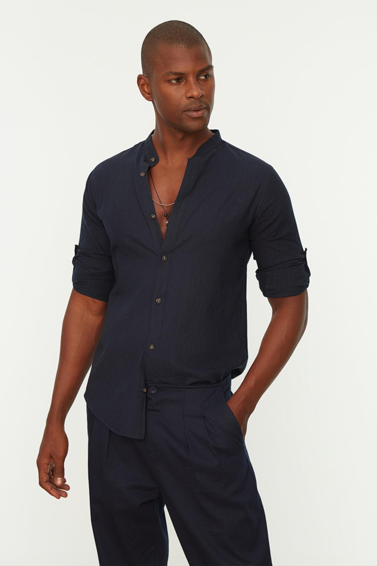 Navy Basic Crew Neck Epaulette Slim Long Sleeve Shirt, , large image number 0