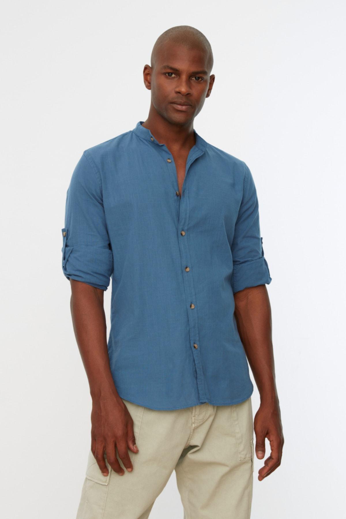 Navy Basic Crew Neck Epaulette Slim Long Sleeve Shirt, , large image number 1