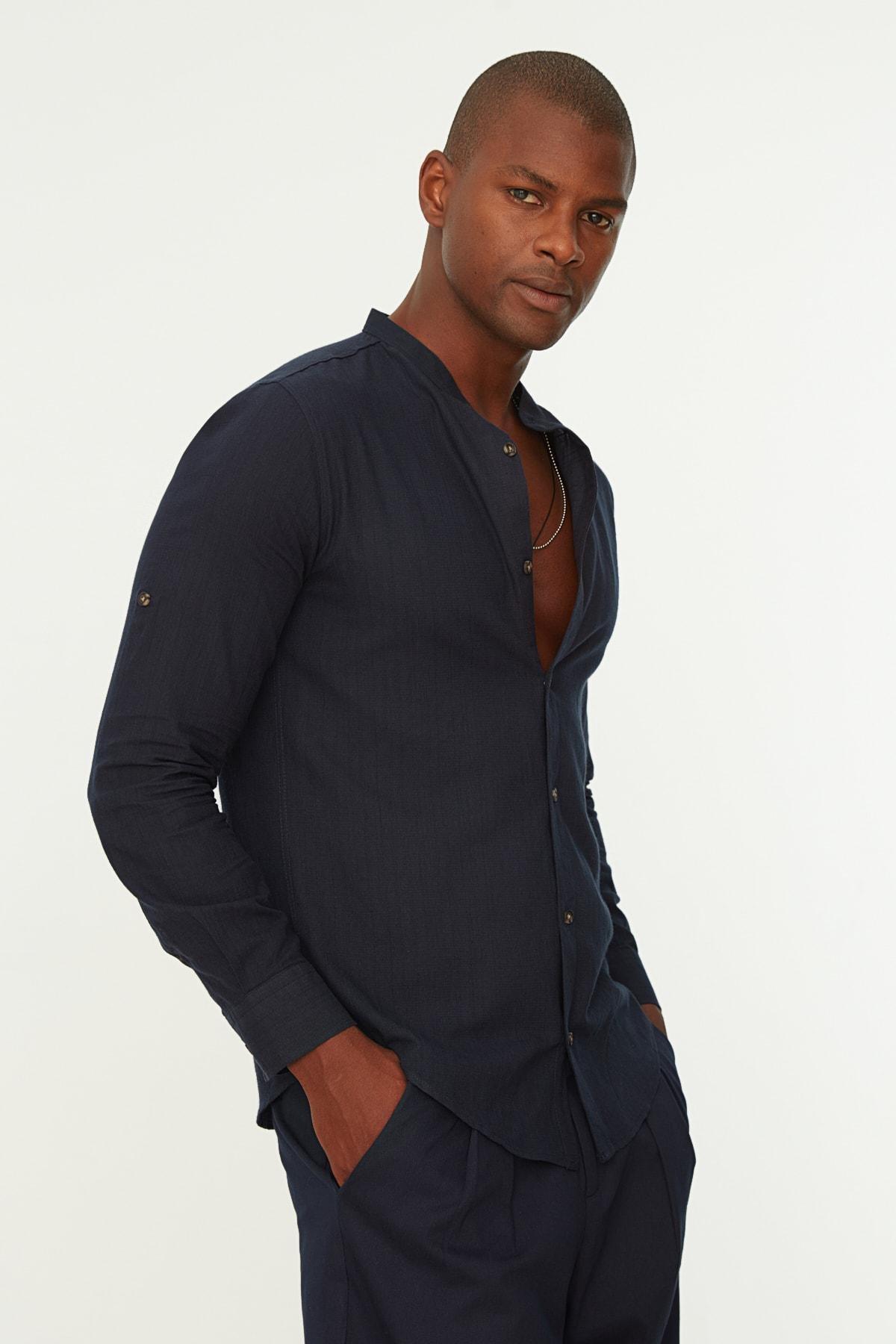 Navy Basic Crew Neck Epaulette Slim Long Sleeve Shirt, , large image number 2
