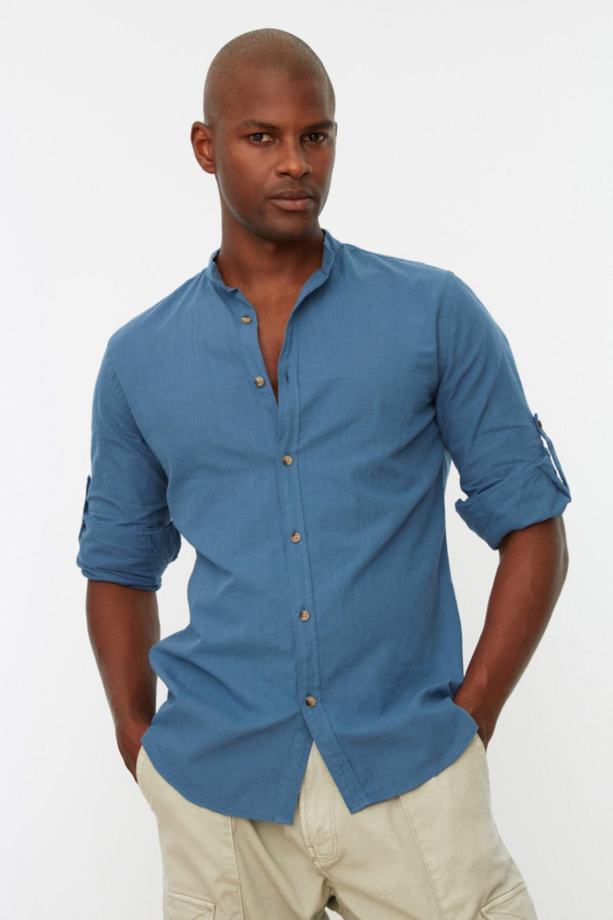 Navy Basic Crew Neck Epaulette Slim Long Sleeve Shirt, , large image number 3