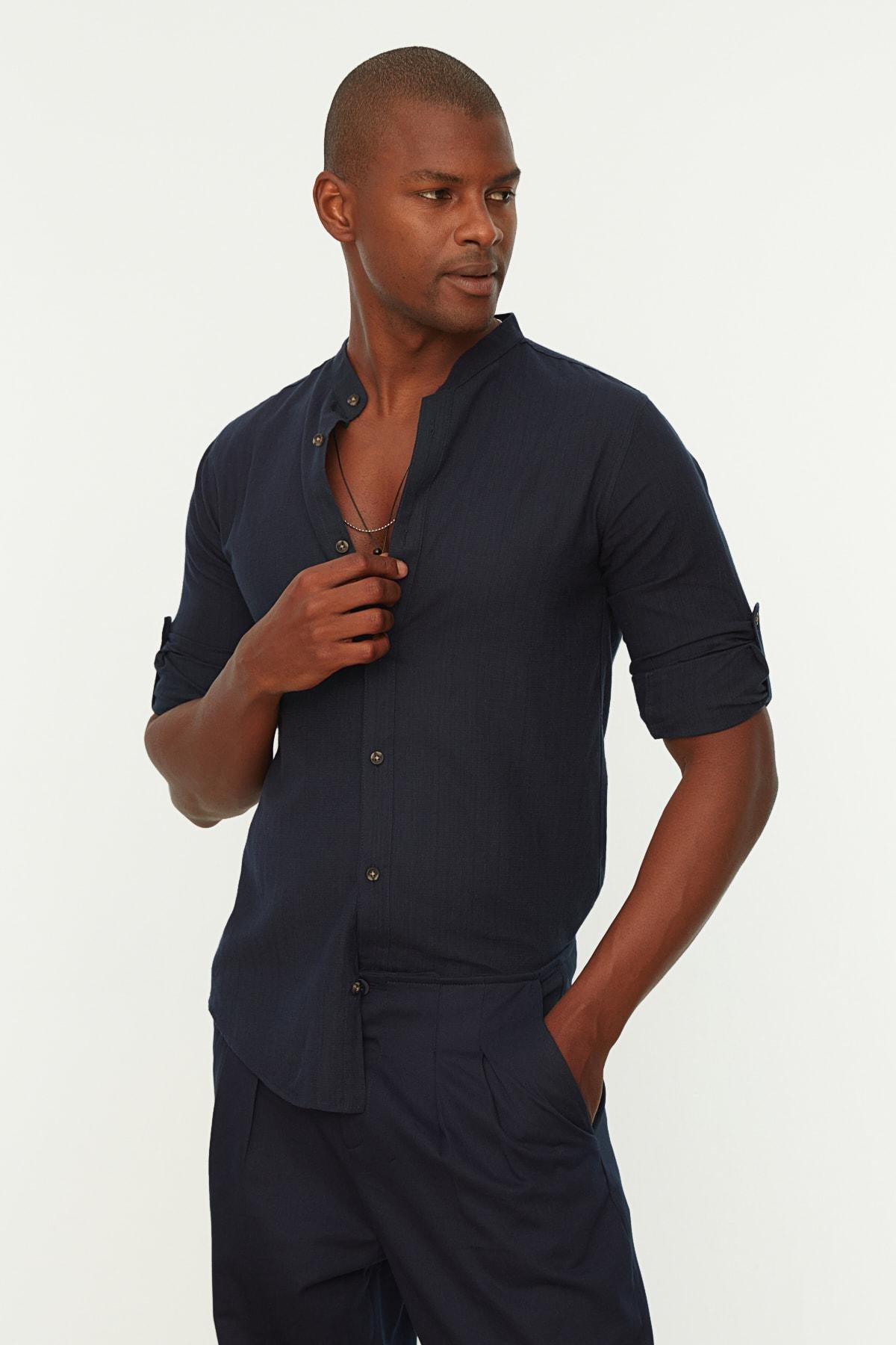 Navy Basic Crew Neck Epaulette Slim Long Sleeve Shirt, , large image number 4