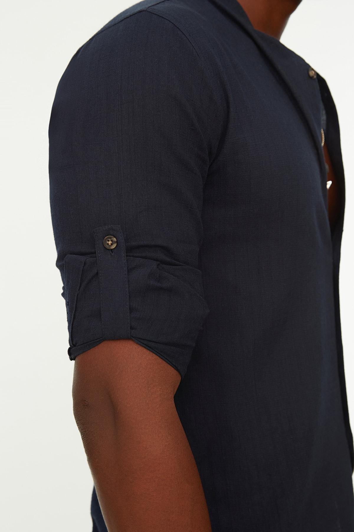 Navy Basic Crew Neck Epaulette Slim Long Sleeve Shirt, , large image number 6