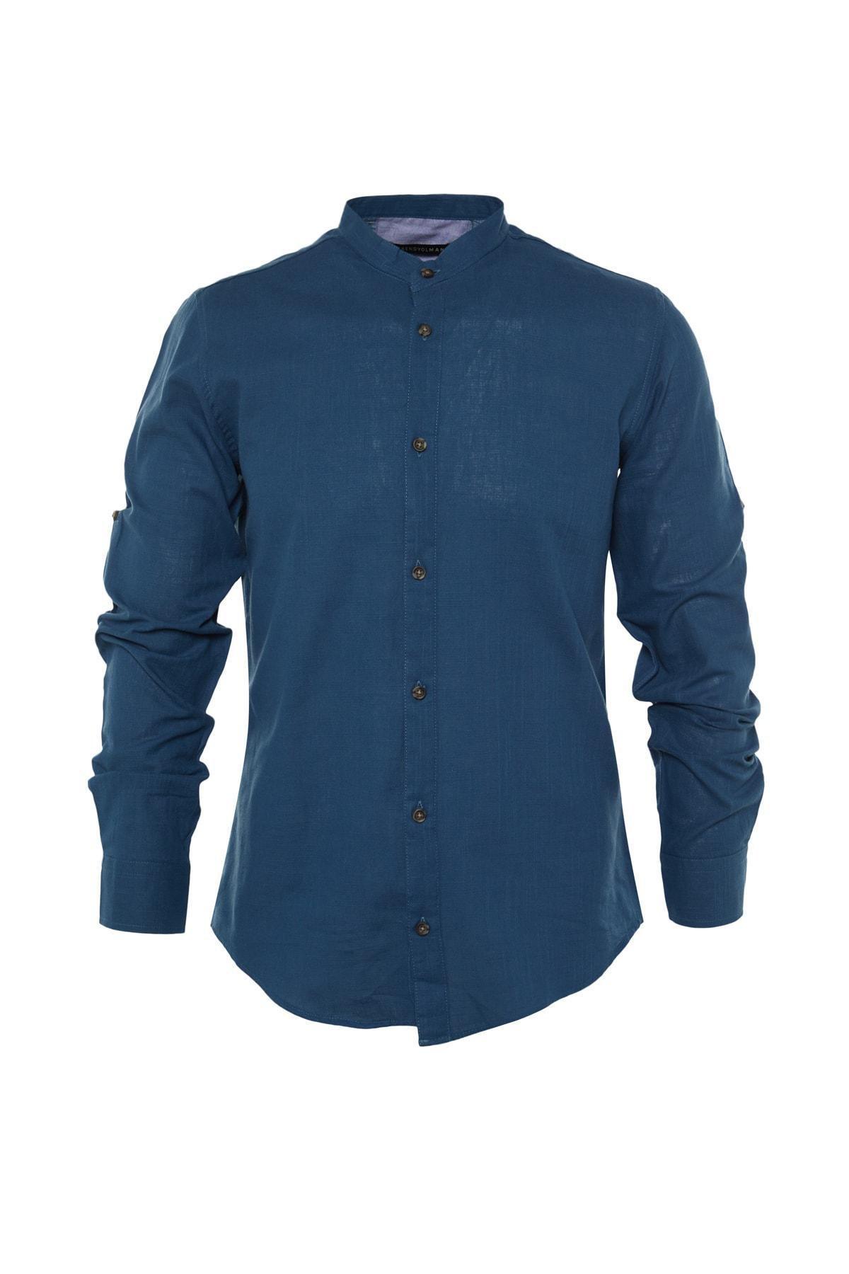 Navy Basic Crew Neck Epaulette Slim Long Sleeve Shirt, , large image number 10