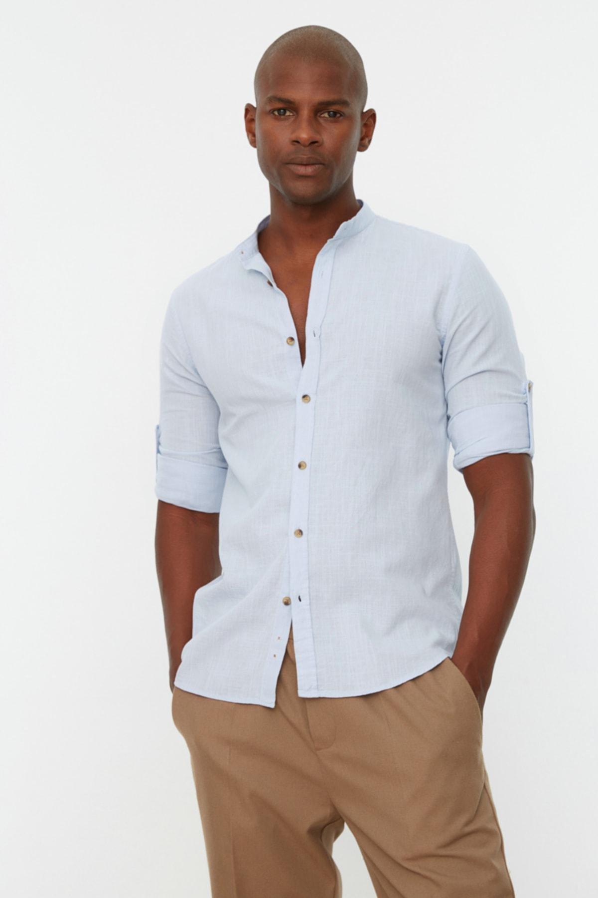 Blue Slim Mandarin Collar Shirt, Blue, medium