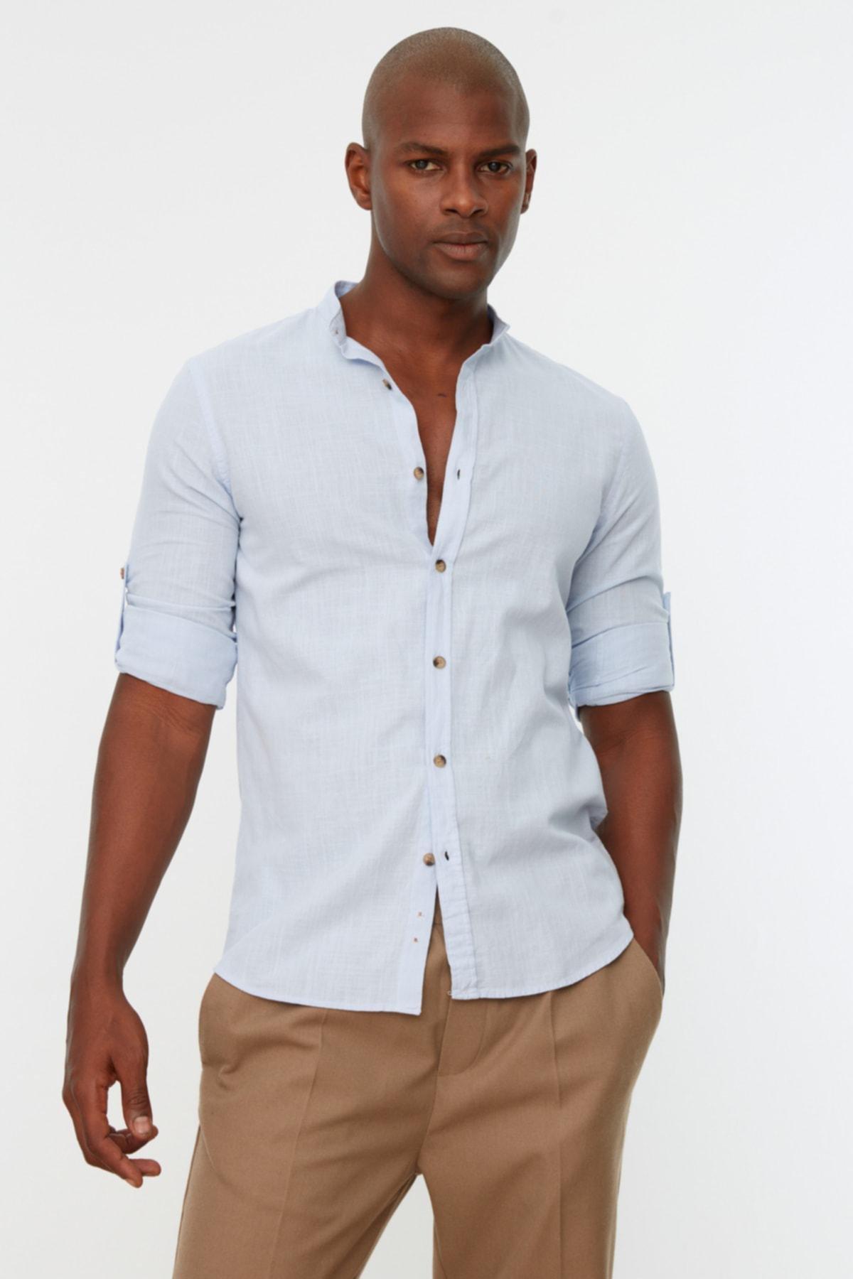 Blue Slim Mandarin Collar Shirt, Blue, medium