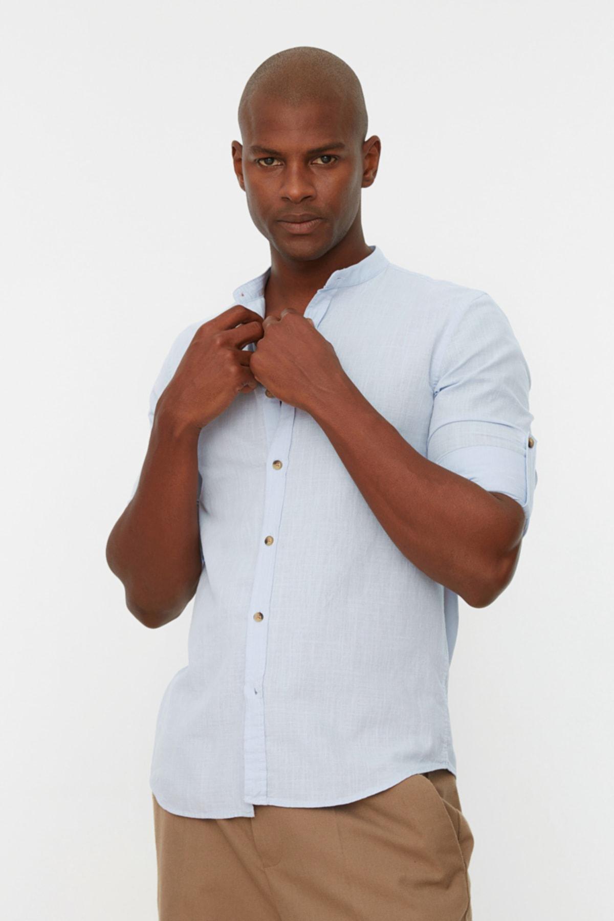 Blue Slim Mandarin Collar Shirt, Blue, medium