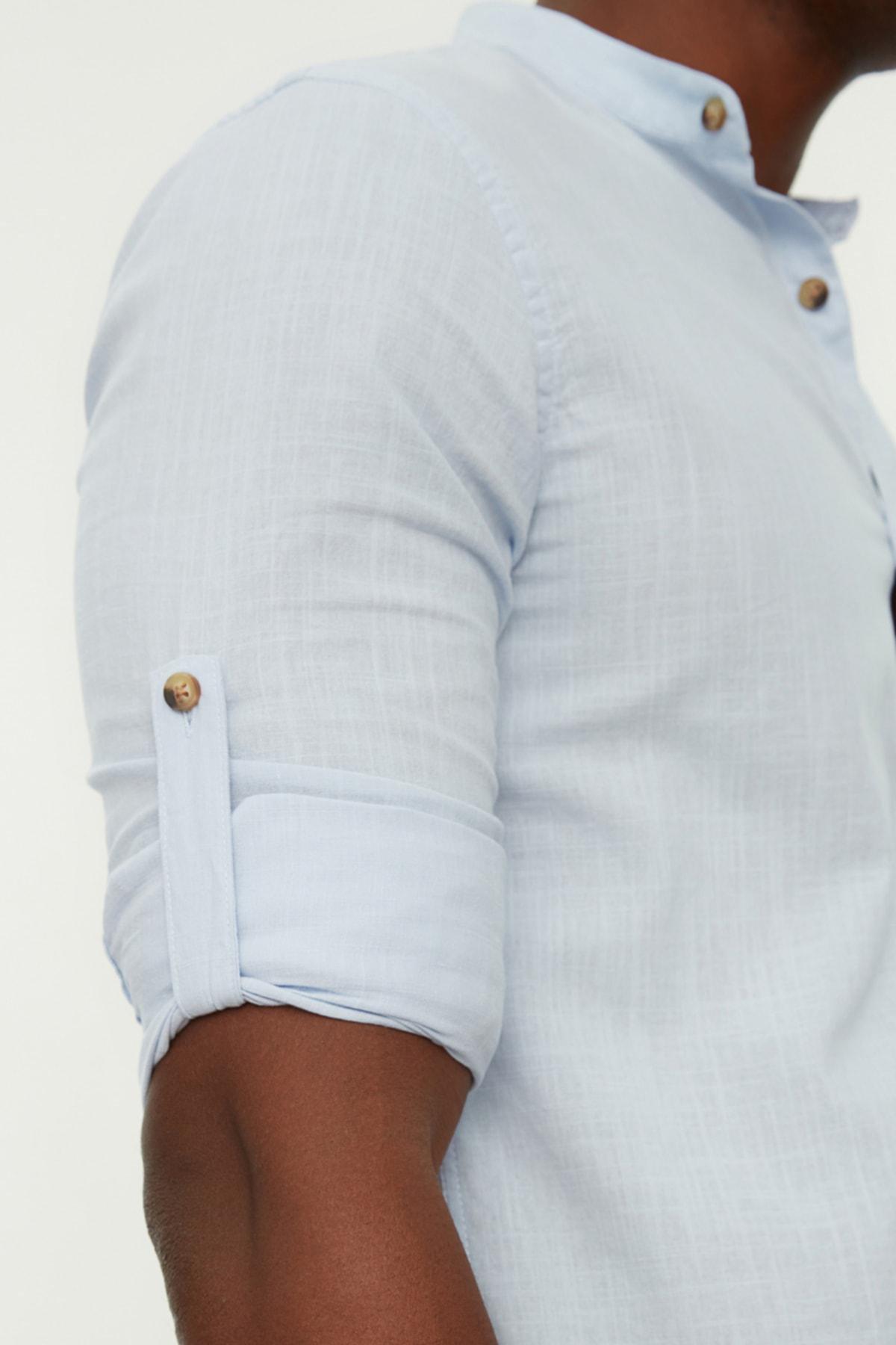 Blue Slim Mandarin Collar Shirt, , large image number 3